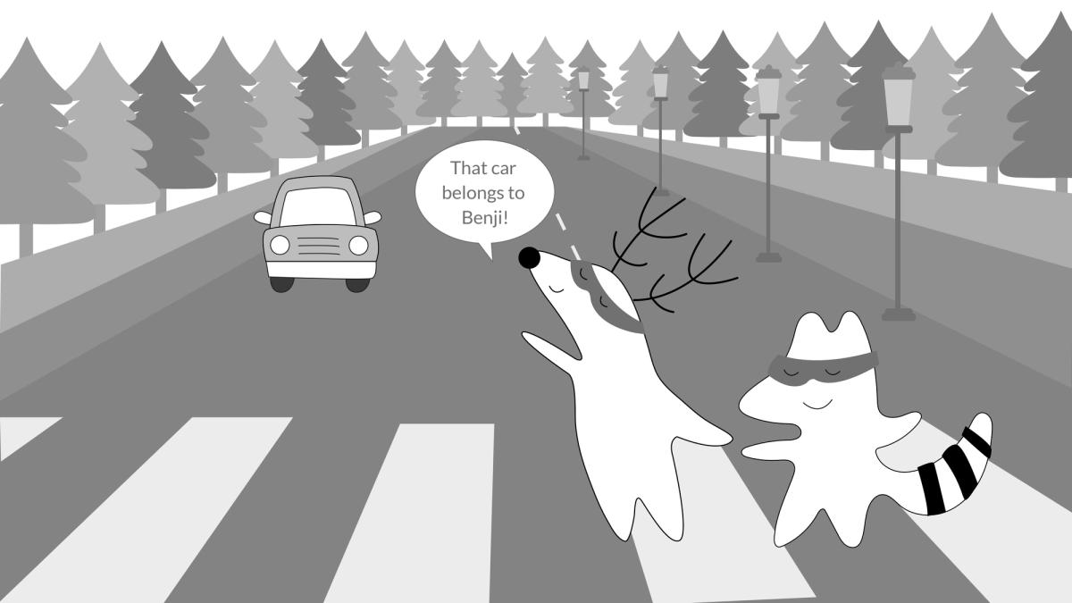 Iggy and Soren on the street, Iggy pointing at a car and saying “That car belongs to Benji”