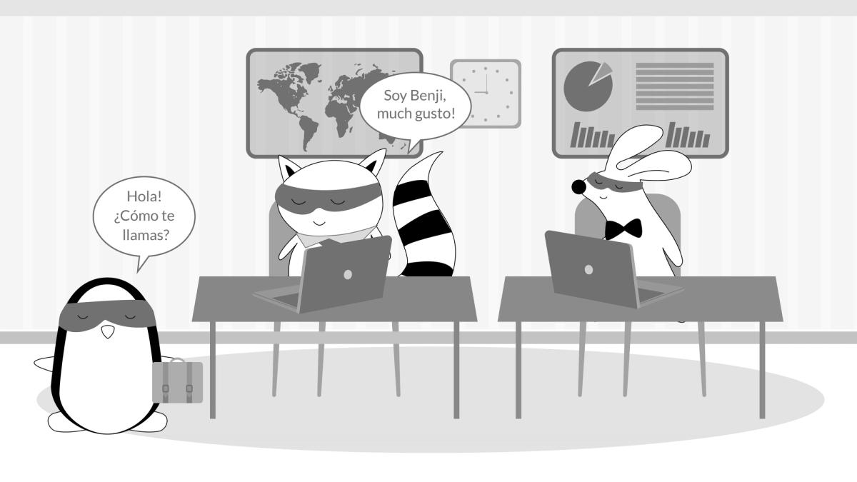 It’s Benji’s first day at the office, he comes to his desk, near Pocky, and they greet each other.