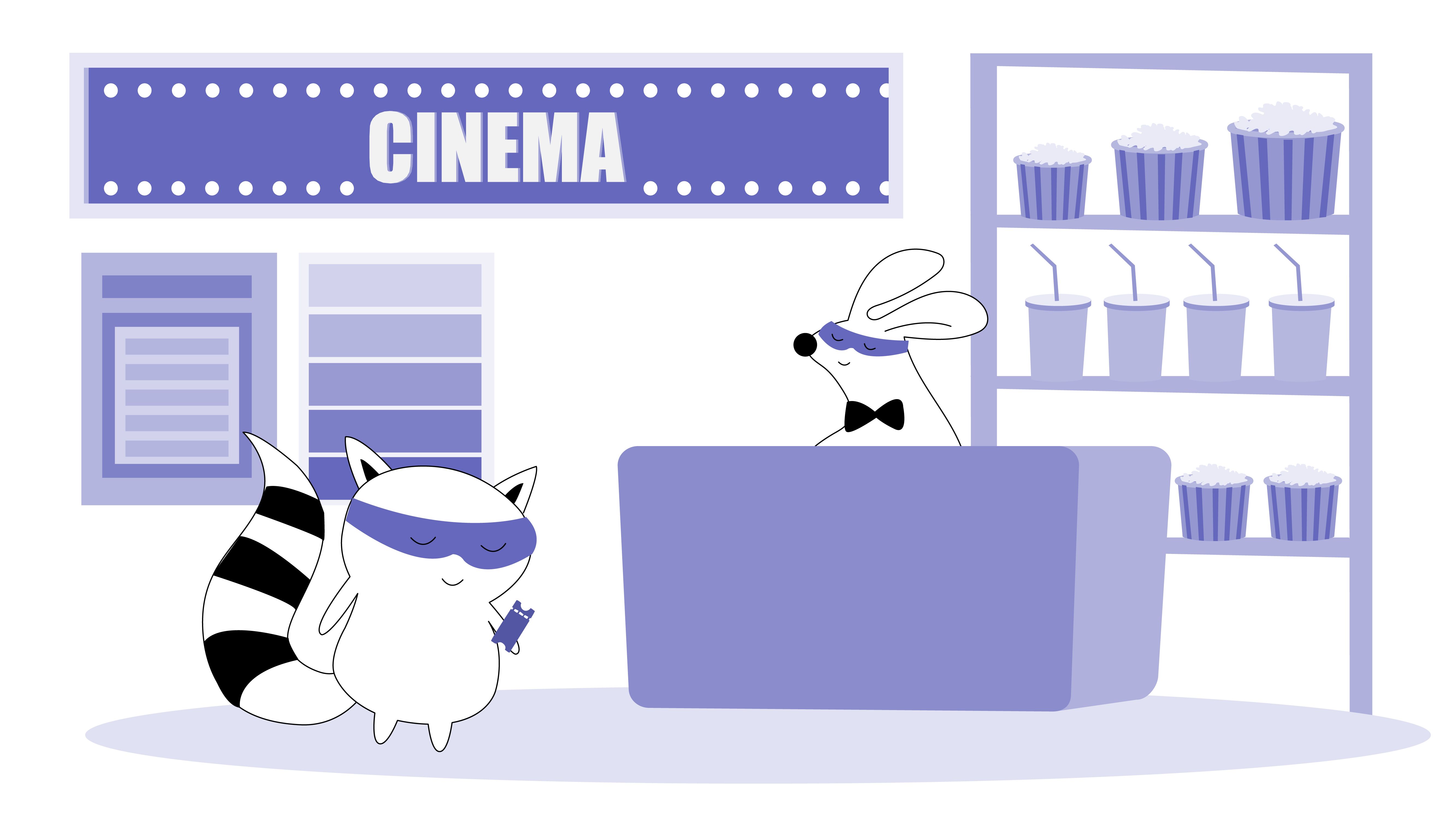 Pocky buys a cinema ticket at the movie theater. He says to the cashier, “Bonsoir, monsieur.”