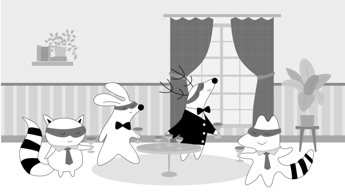 Soren, Benji, Iggy and Pocky at a networking event, having fun.