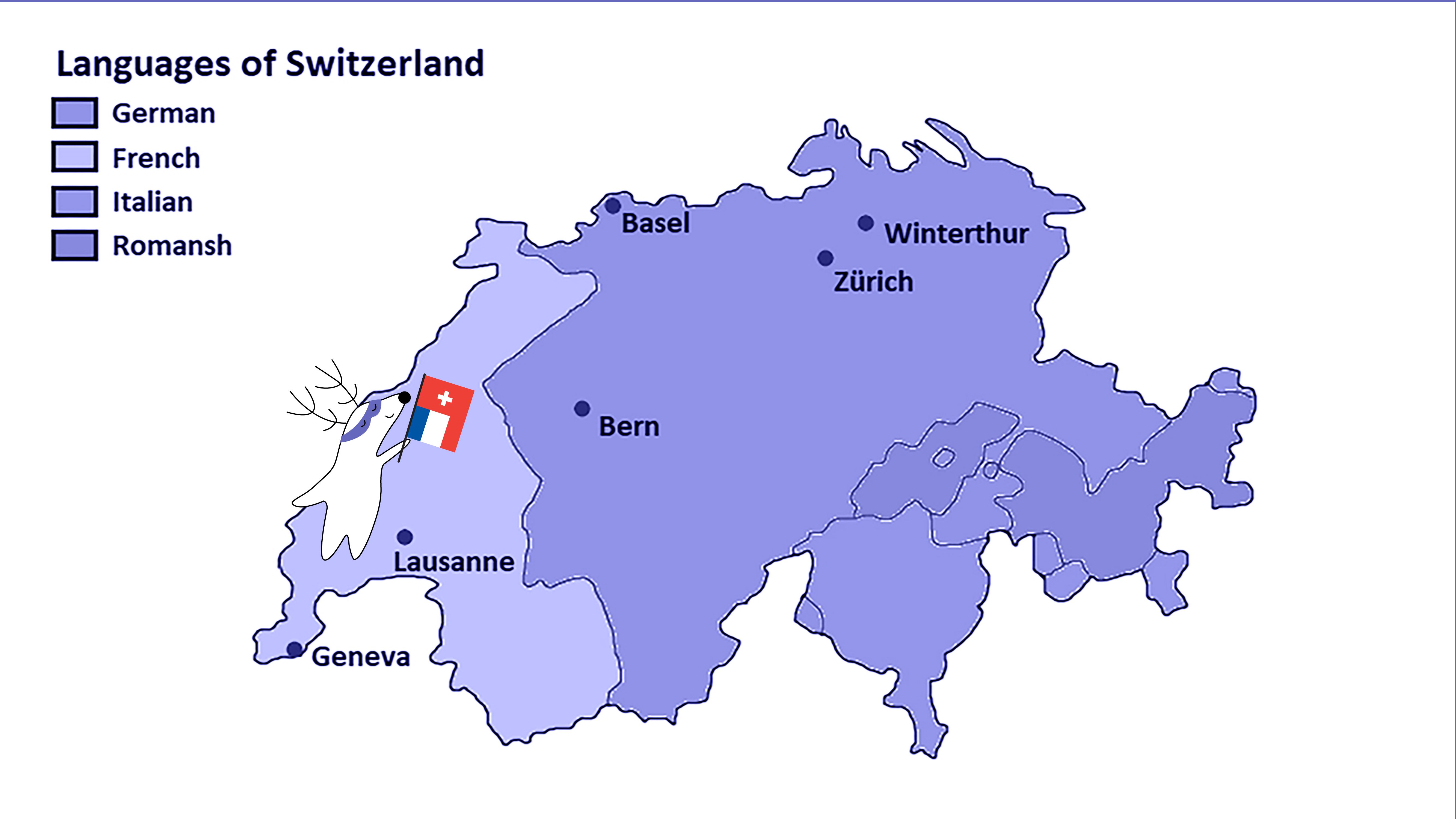 On the same map, there is Soren in the French-speaking part, under Geneva, holding a flag that is a mix of French and Swiss flags.