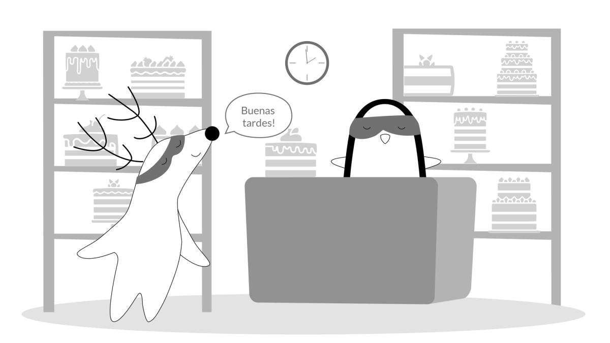 Soren enters a shop, the clock behind him showing it’s 14 o’clock. Soren says “Buenas tardes” to Pocky, the shop attendant.  