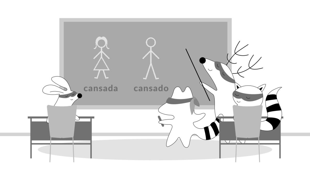 Iggy is in the classroom, writing on the blackboard "cansada" next to the drawing of a girl and "cansado" in front of the drawing of a boy.
