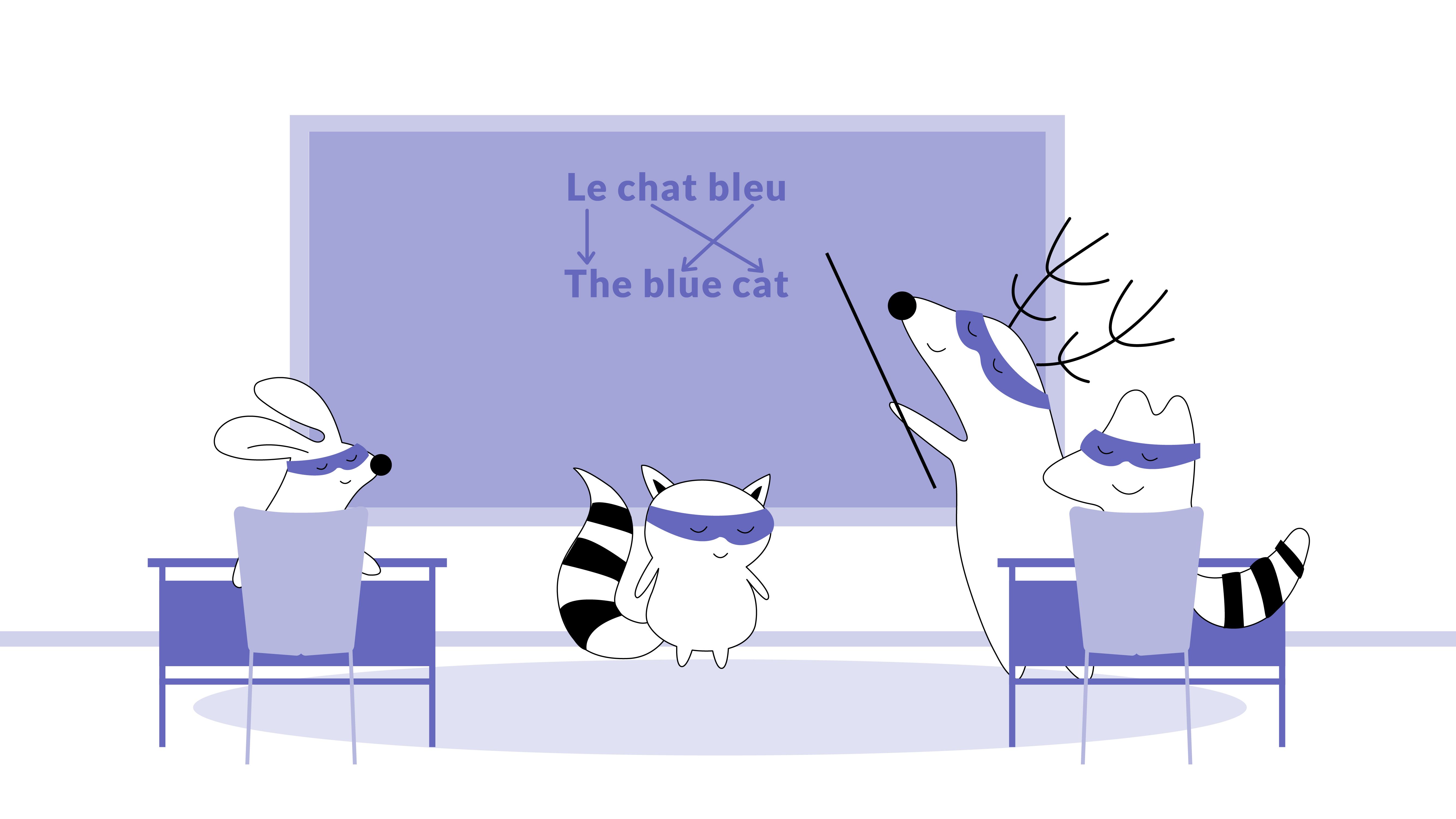 Benji standing at a chalkboard. “Le chat bleu” is written on top, and “the blue cat” is written underneath it.