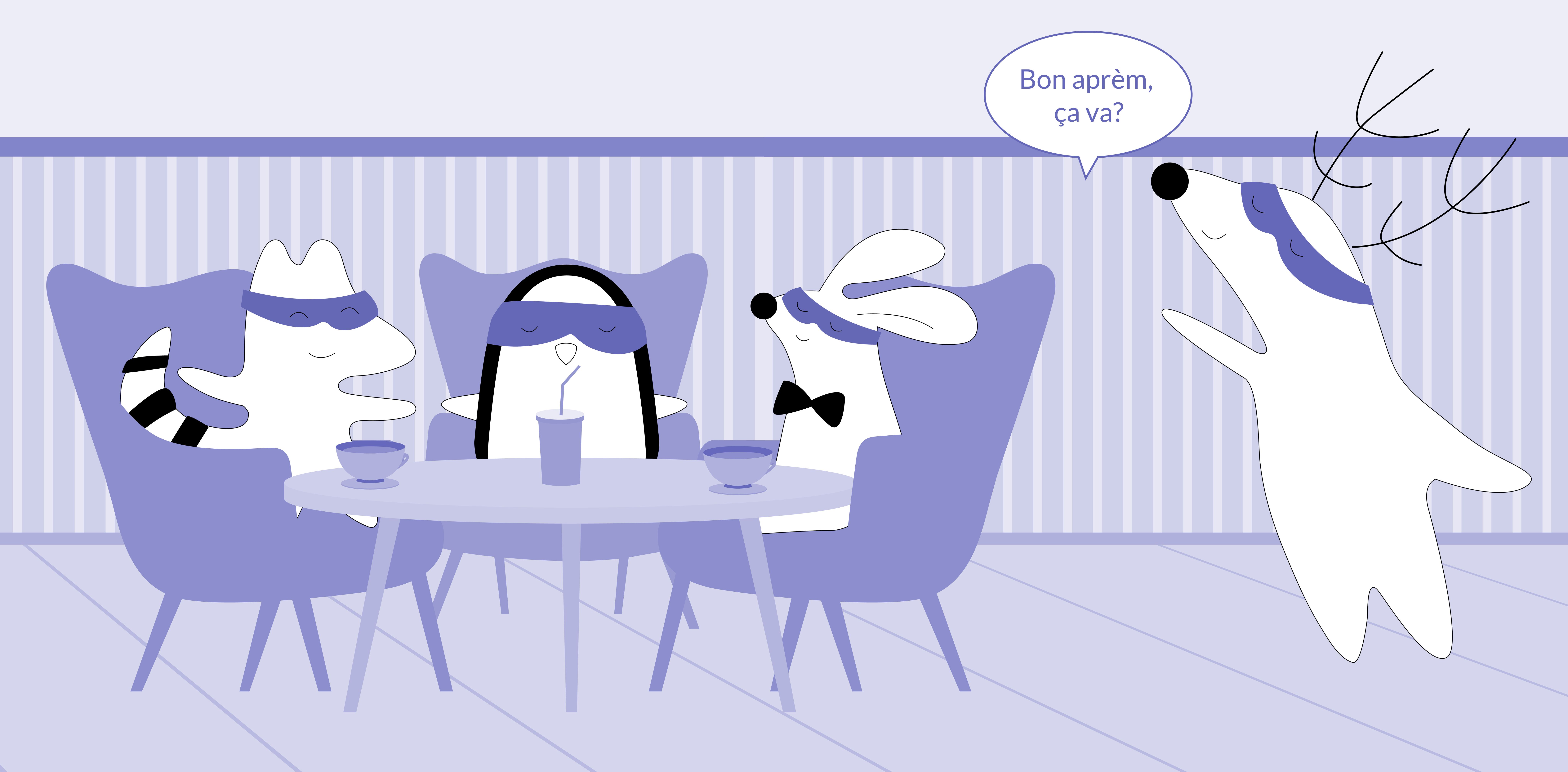 Pocky, Benji, Iggy, and Soren are meeting at the coffee shop. Soren greets everyone, saying, “Bon aprèm, ça va?”