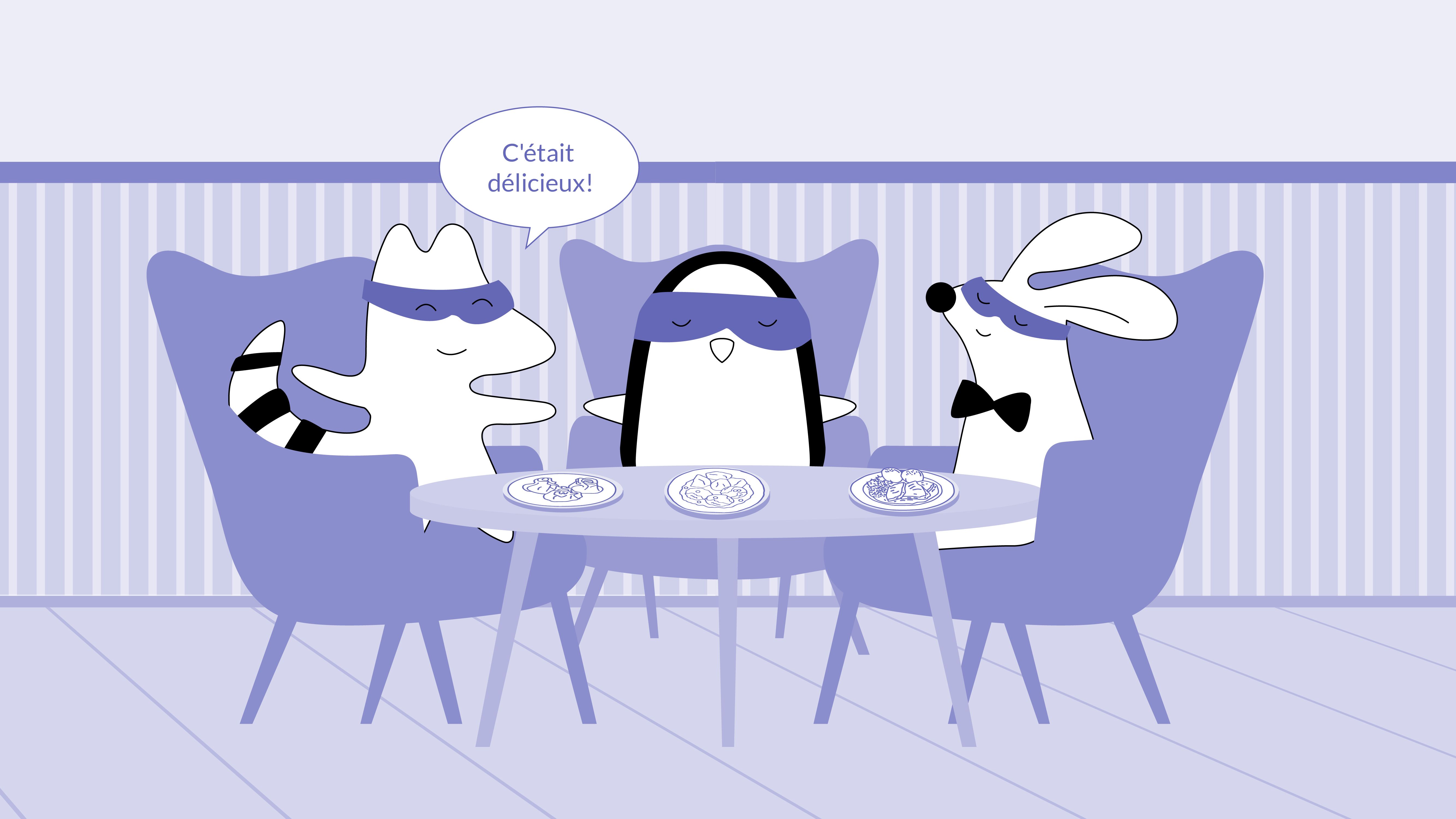 Mr. Rabbit and Soren finishing their meals, saing together: “C'était délicieux !” amazed by the food