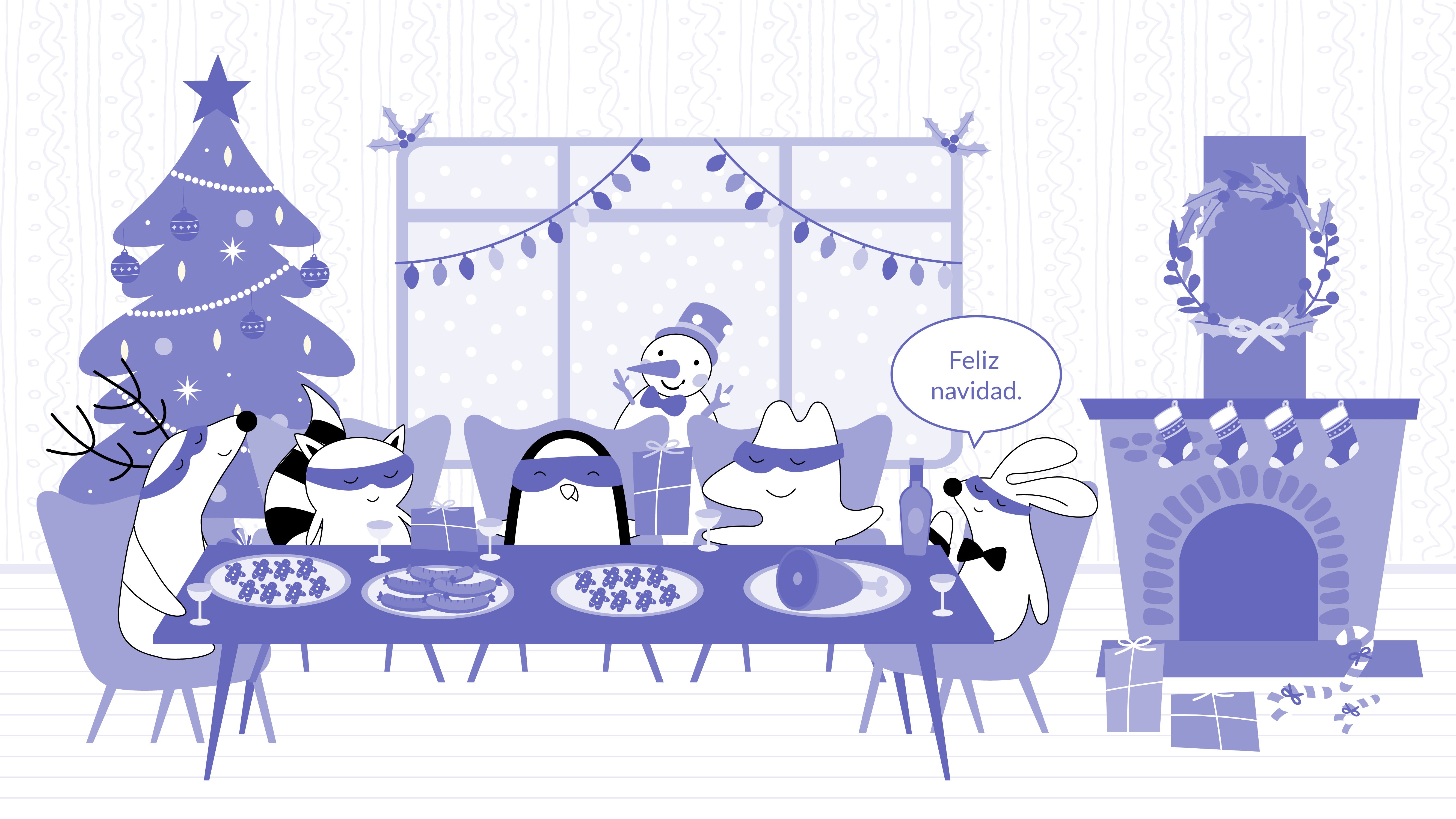 Soren, Pocky, Iggy, and Benji are celebrating Christmas at the table, Soren saying, “Feliz Navidad.”