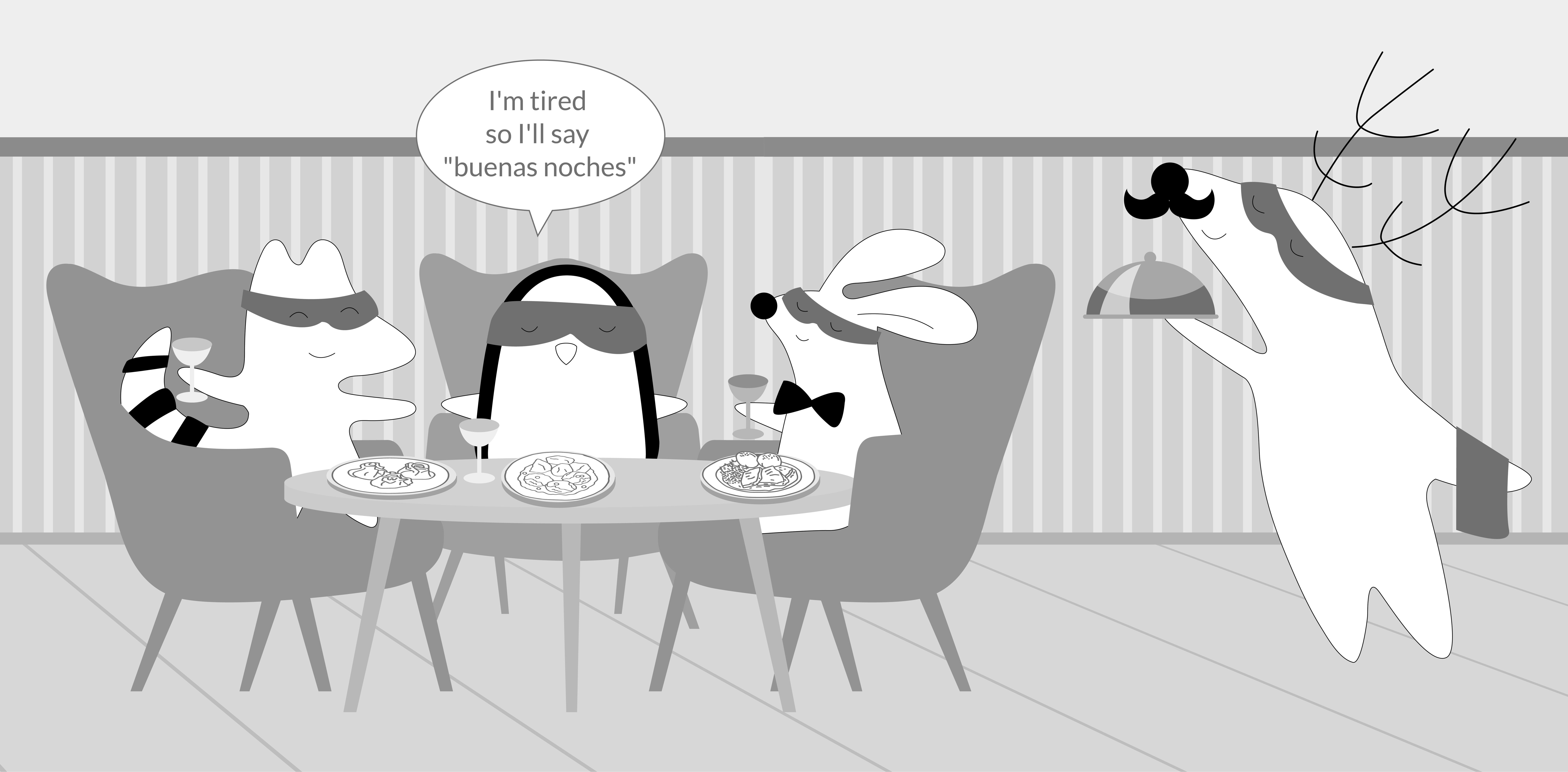 Soren and Pocky are having dinner at a restaurant and Soren says "I'm tired so I'll say "buenas noches".