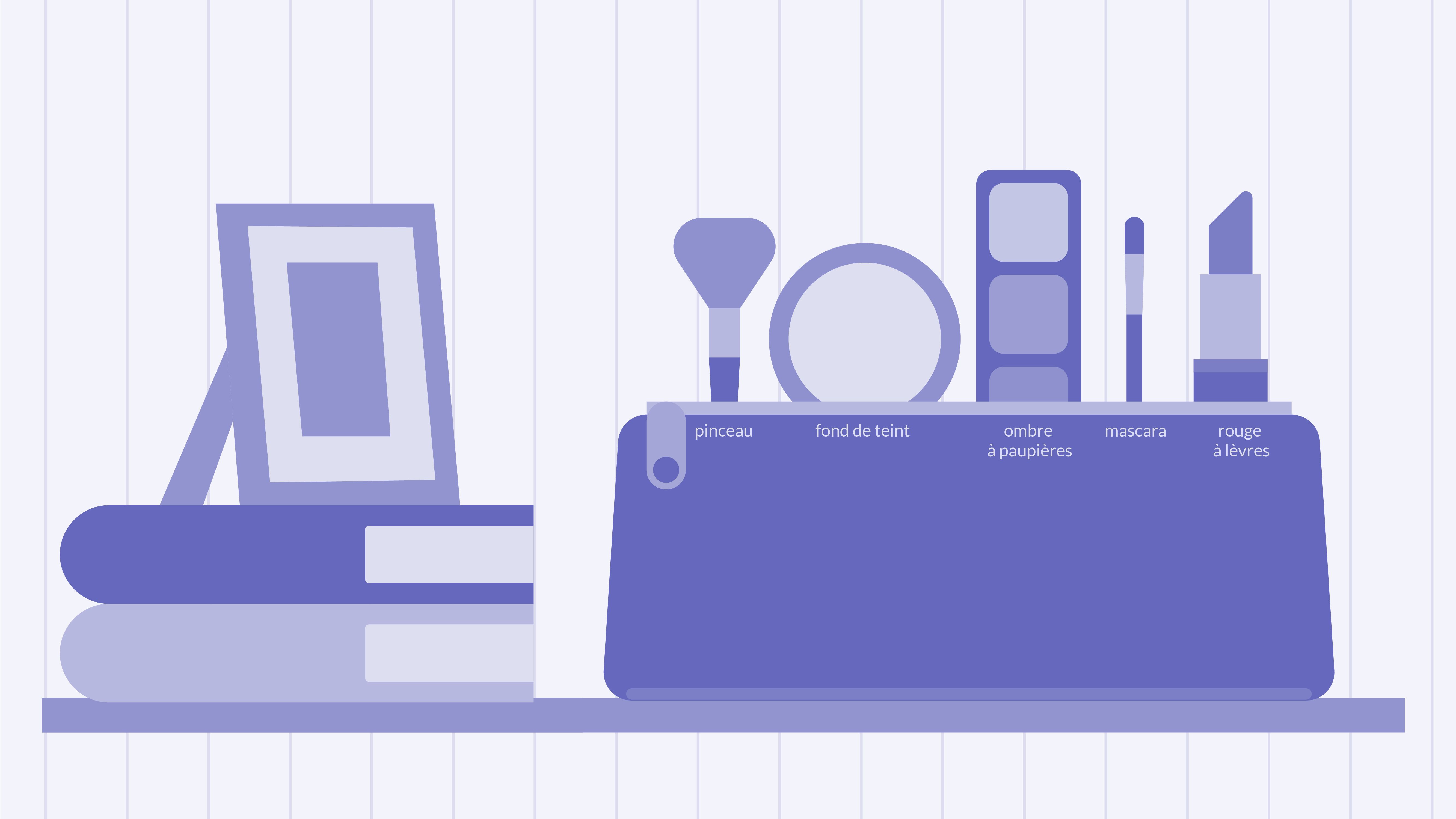 An illustration of makeup bag with the following beauty products in there, named in French: