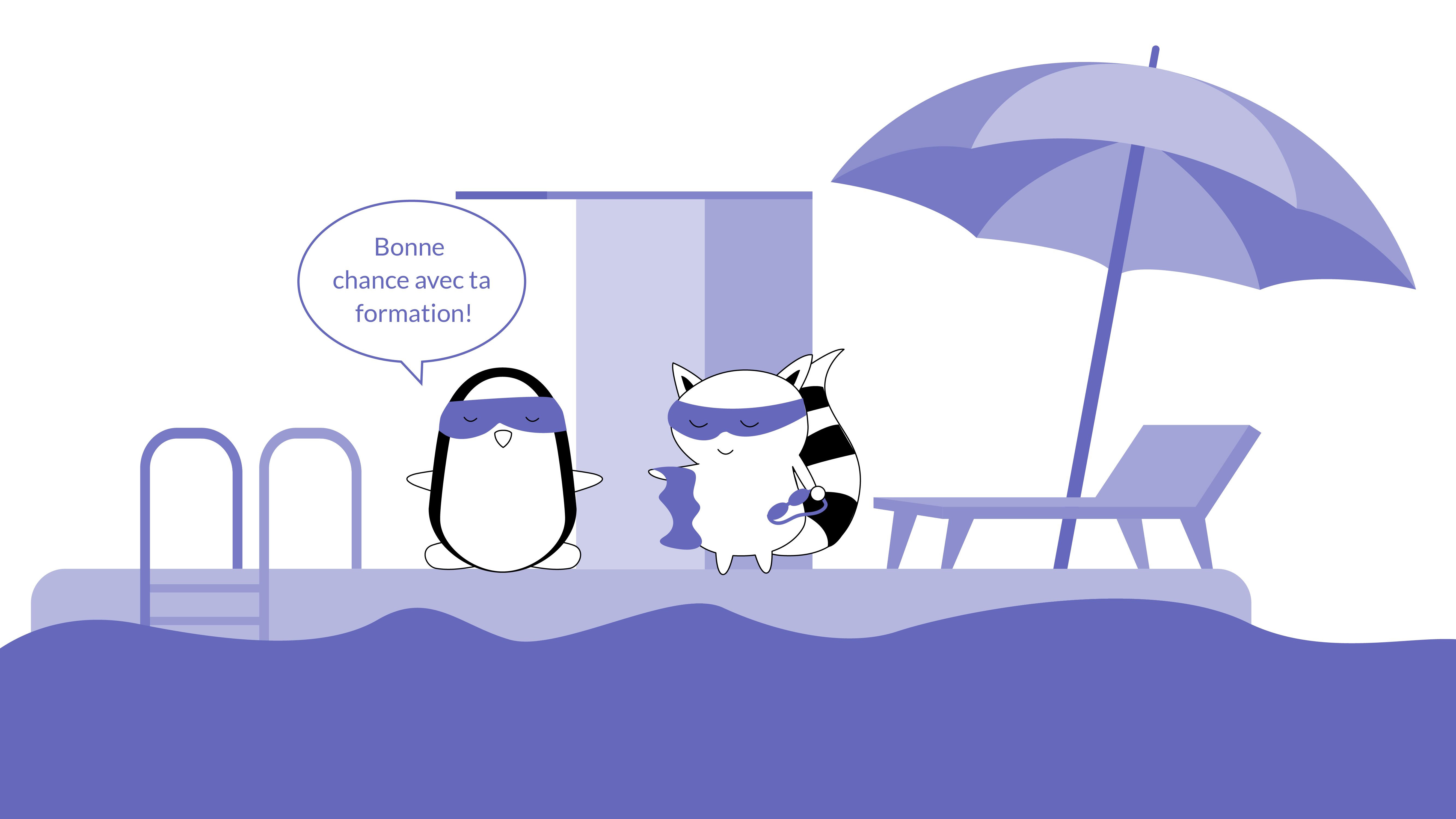 Benji and Pocky say goodbye near the gym entrance, Pocky says to Benji, who holds swimming glasses and a towel in his hand, “Bonne chance avec ta formation!”