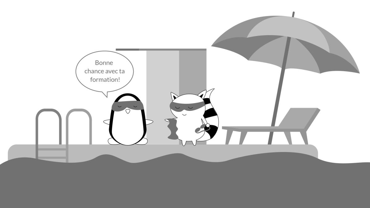 Benji and Pocky say goodbye near the gym entrance, Pocky says to Benji, who holds swimming glasses and a towel in his hand, “Bonne chance avec ta formation!”