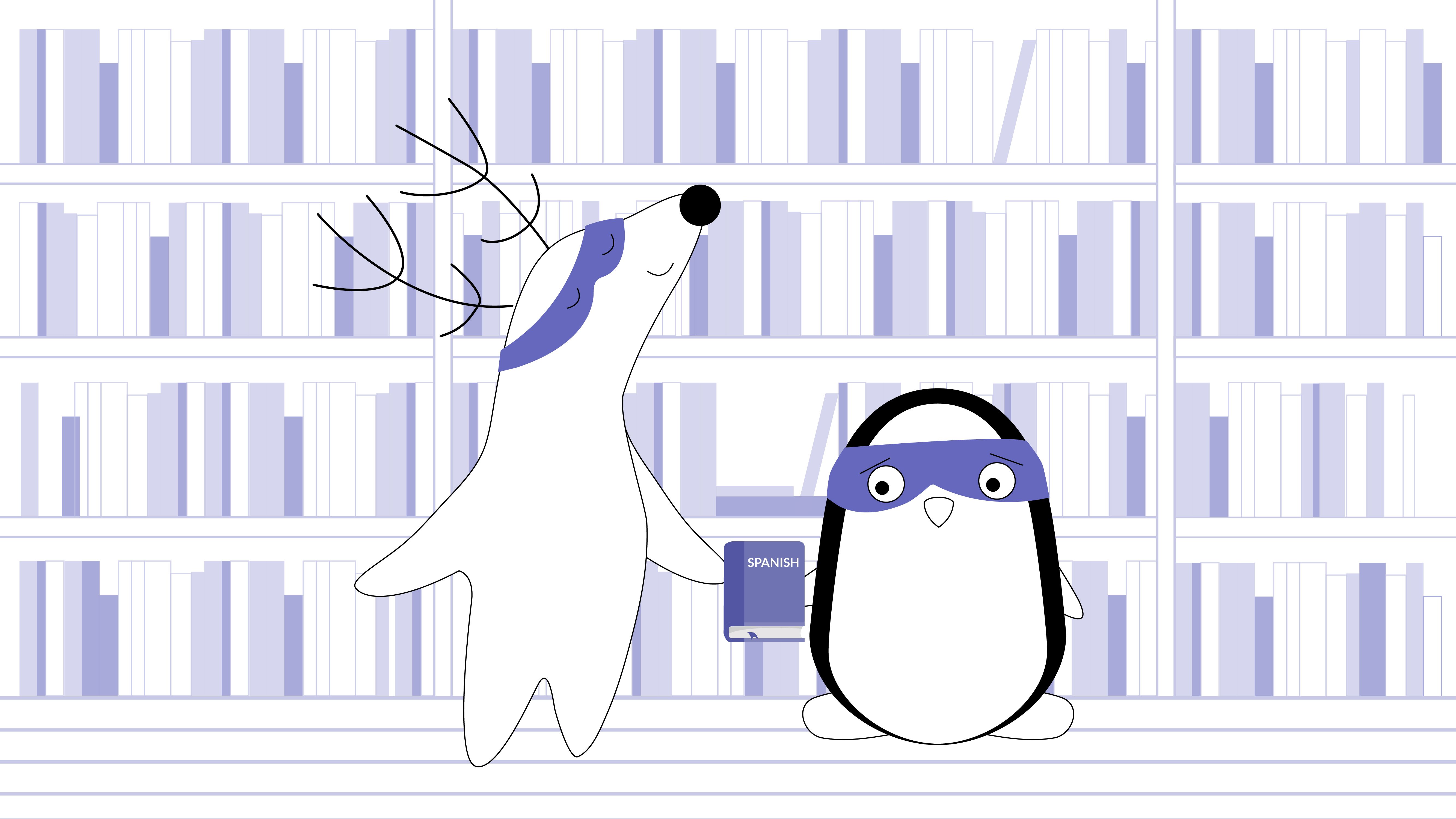 Soren gives a Spanish grammar book to Pocky at the library.