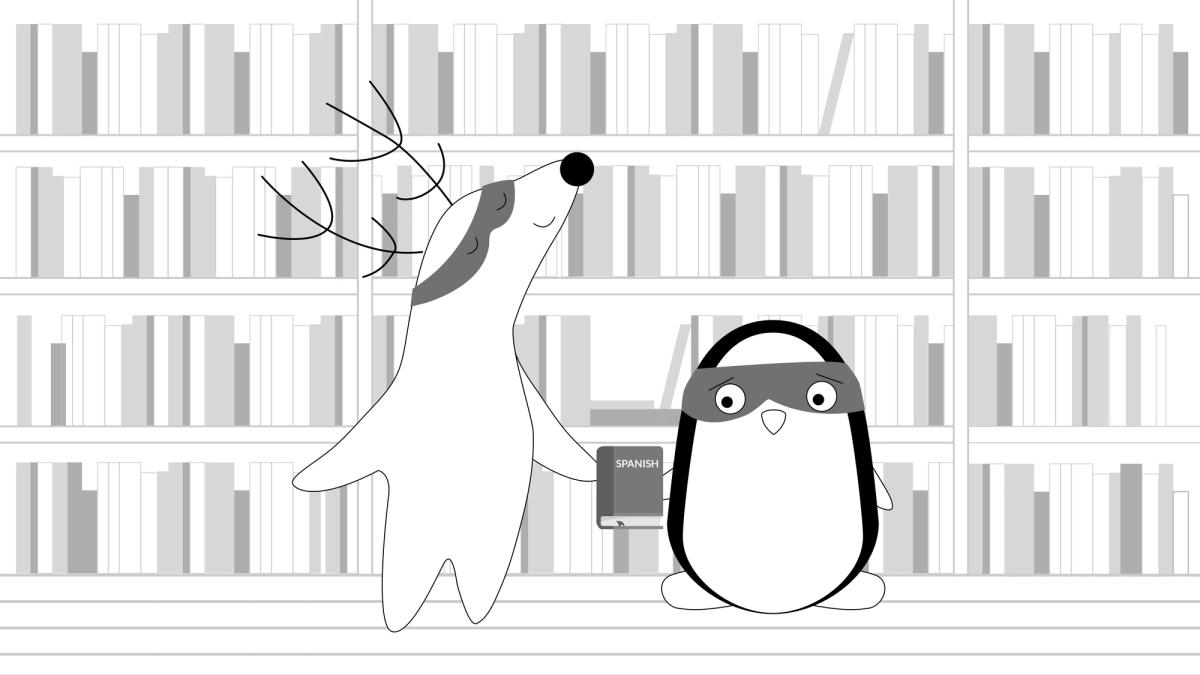 Soren gives a Spanish grammar book to Pocky at the library.