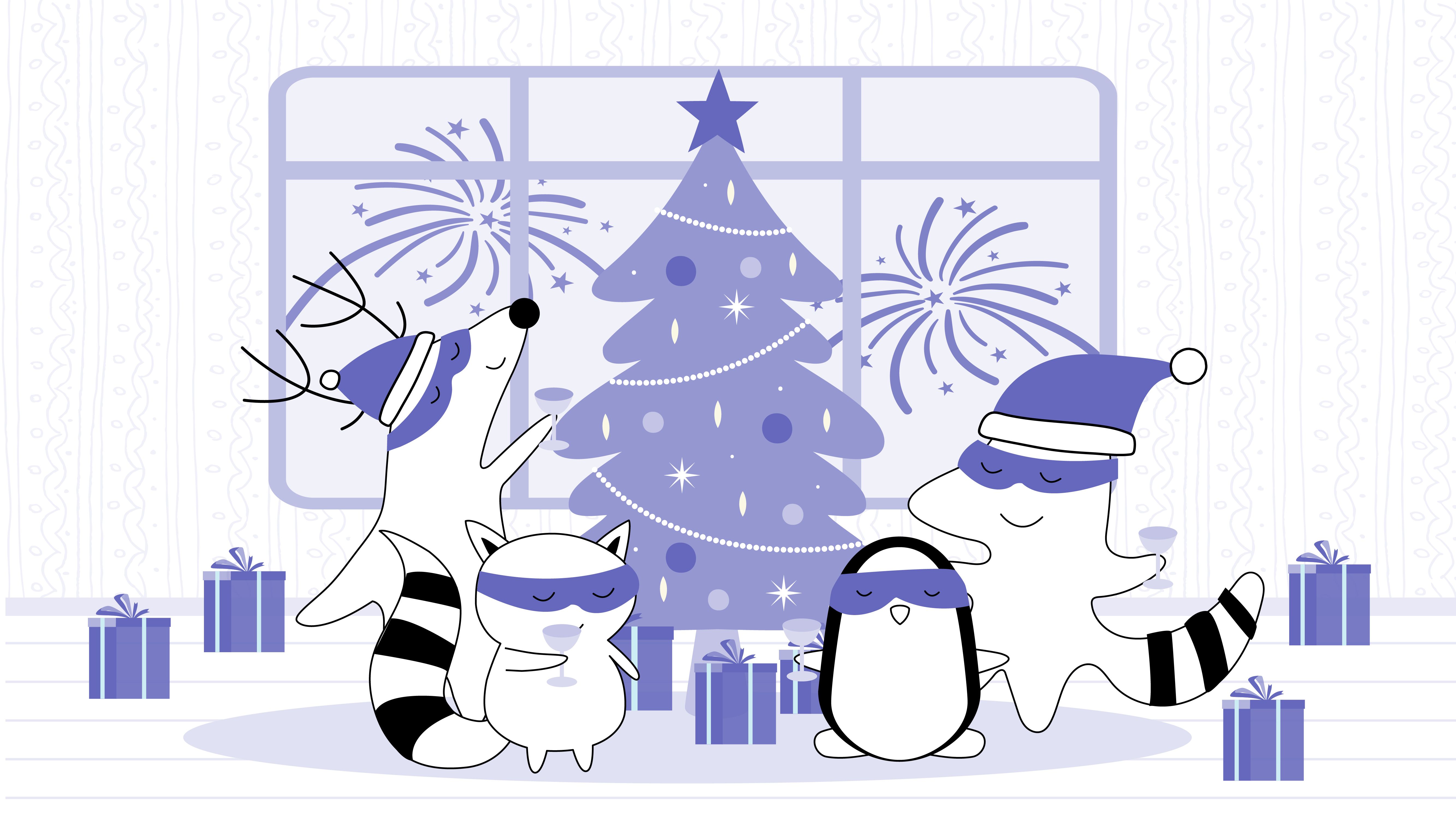 Soren, Benji, Iggy, and Pocky are are toasting to the New Year in front of a Christmas tree, with fireworks behind.