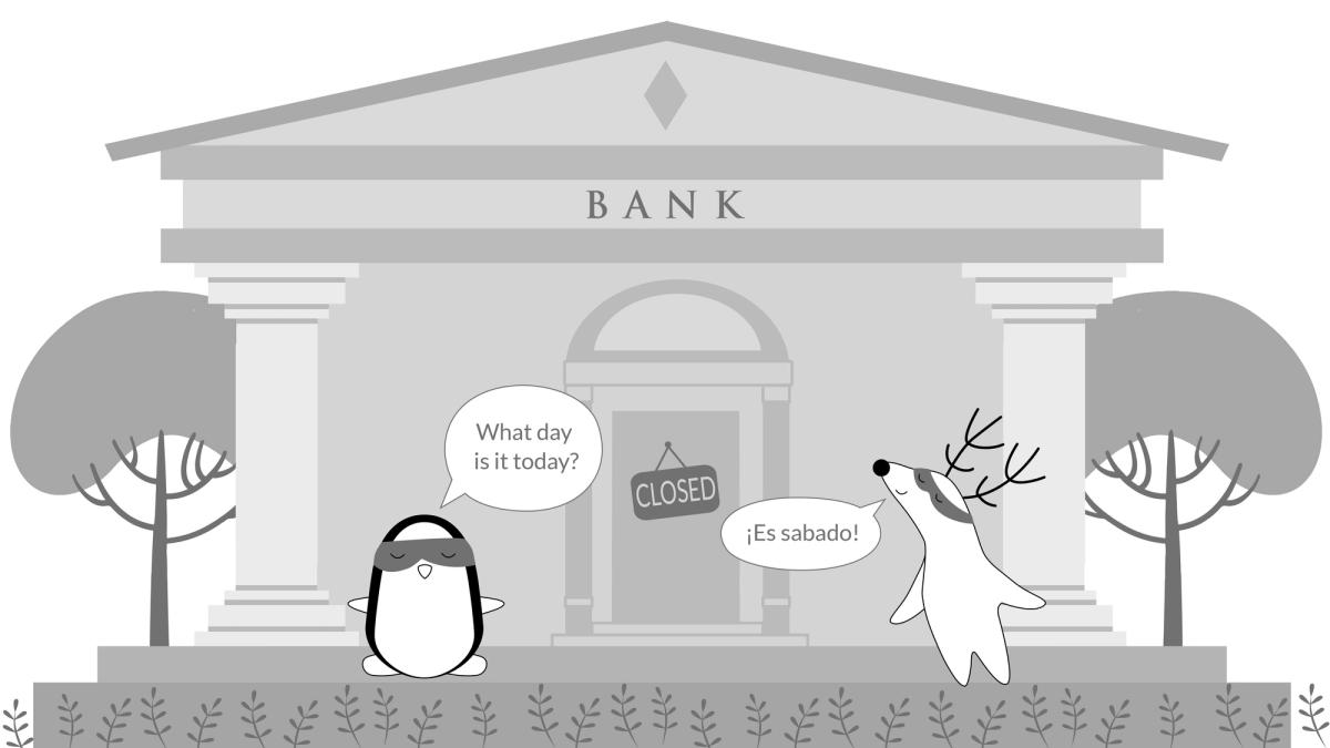  Pocky and Soren in front of the bank, which is closed. Pocky asks Soren “What day is it today?” and Soren answers: “¡es sabado!”
