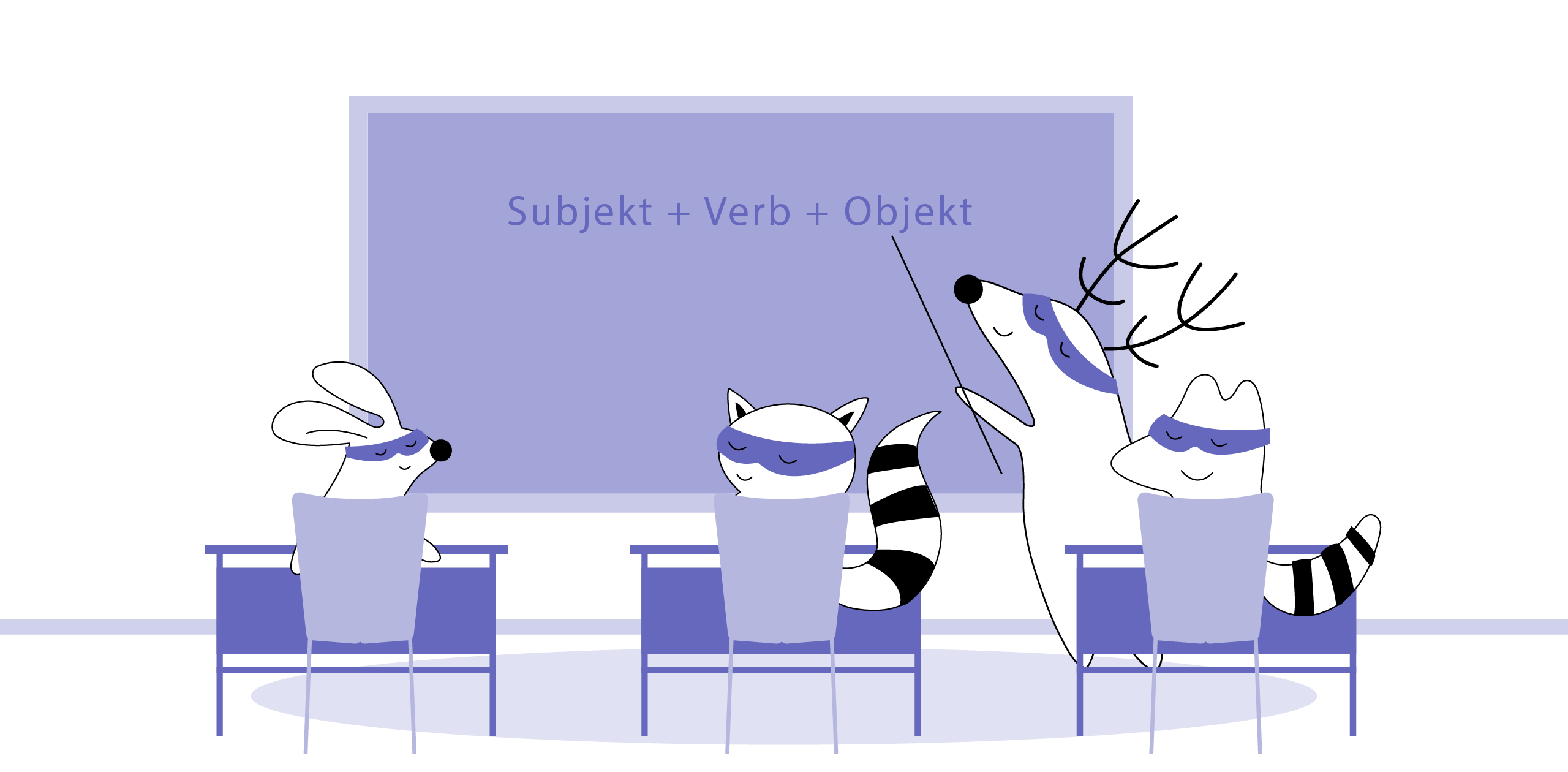 Iggy, as a teacher, stands in front of the class with “Subject + Verb + Object” written on the blackboard behind her.