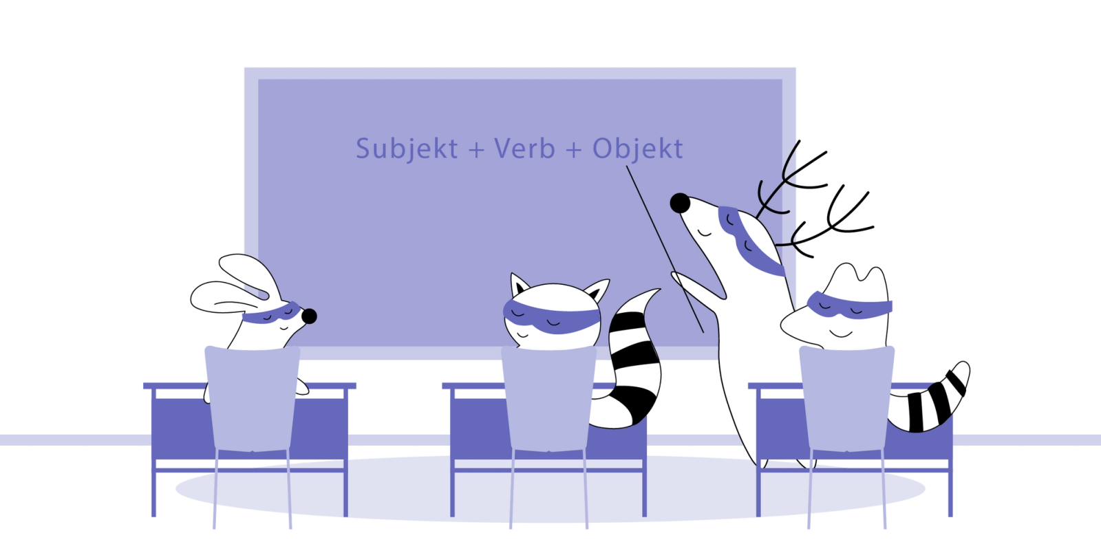  Iggy, as a teacher, stands in front of the class with “Subject + Verb + Object” written on the blackboard behind her.