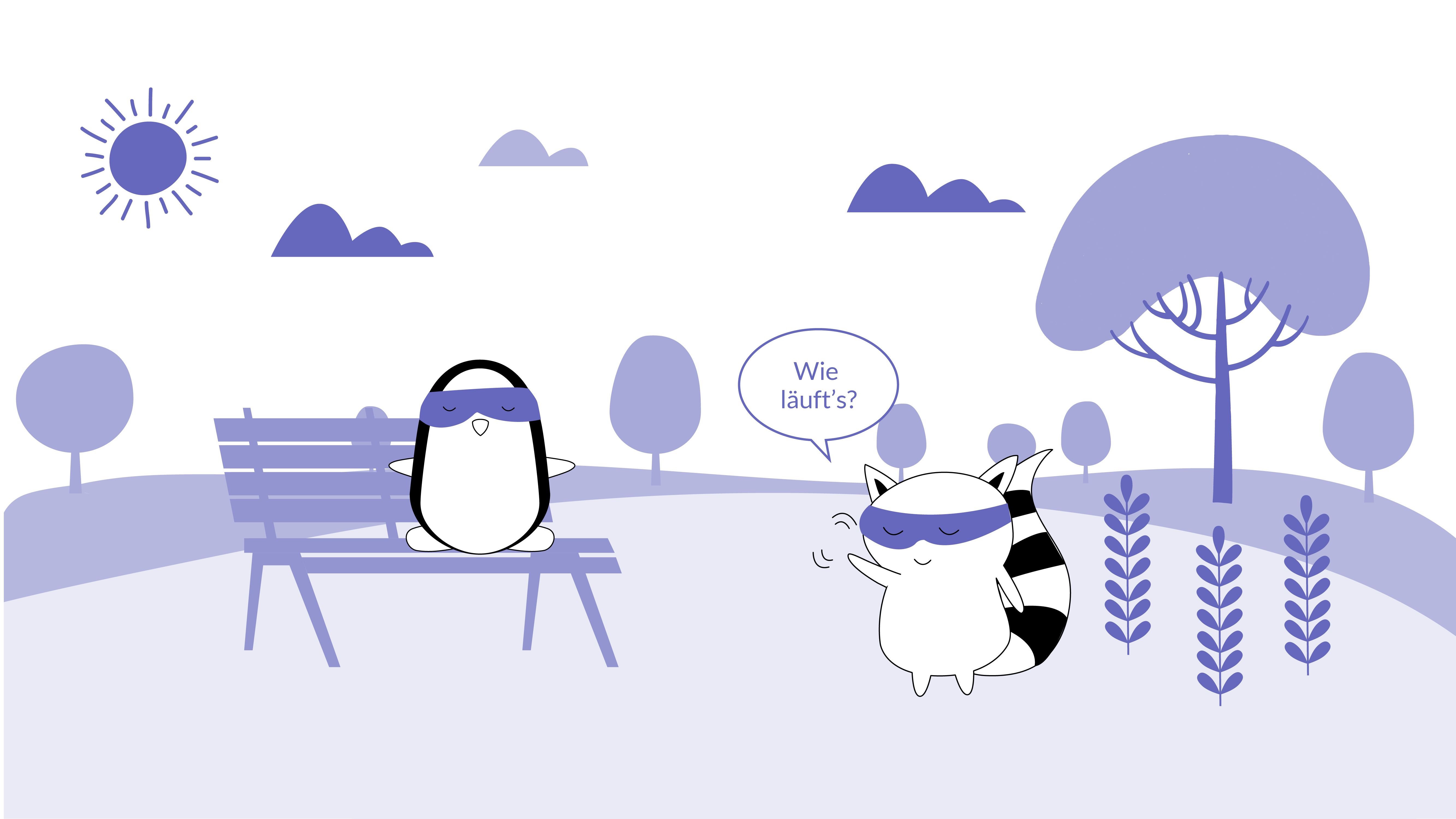 Benji walking across the park, Pocky running past him. Benji’s waving to him and asking: “Wie läuft’s?”