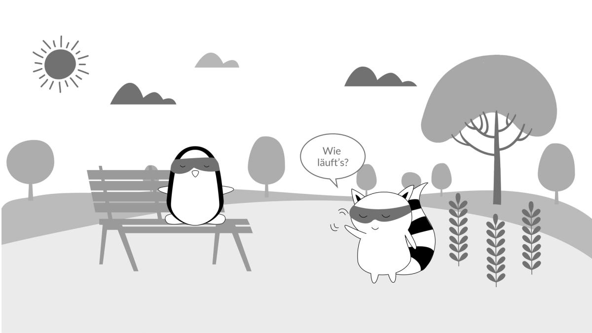 Benji walking across the park, Pocky running past him. Benji’s waving to him and asking: “Wie läuft’s?”