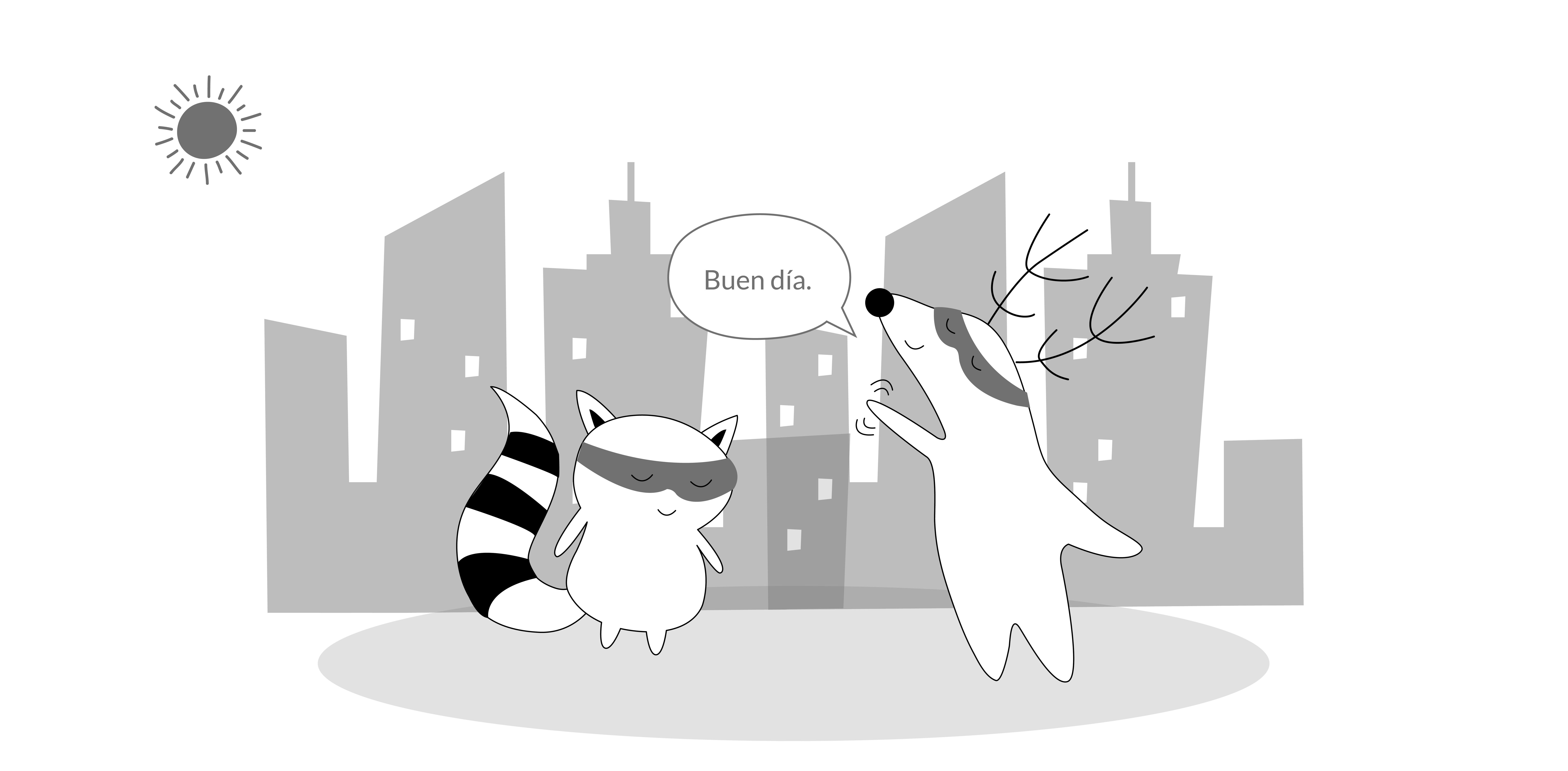 Soren and Pocky bump into each other on the street. It’s the morning, and Soren greets Pocky, saying, “Buen día.”