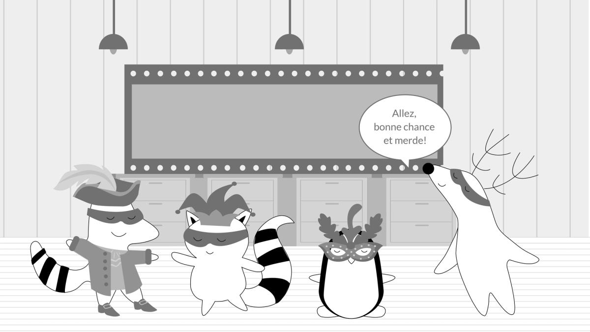 Pocky, Benji, and Soren are getting ready to go on the stage in theater clothes, Iggy wishes them good luck, saying, “Allez, bonne chance et merde!”