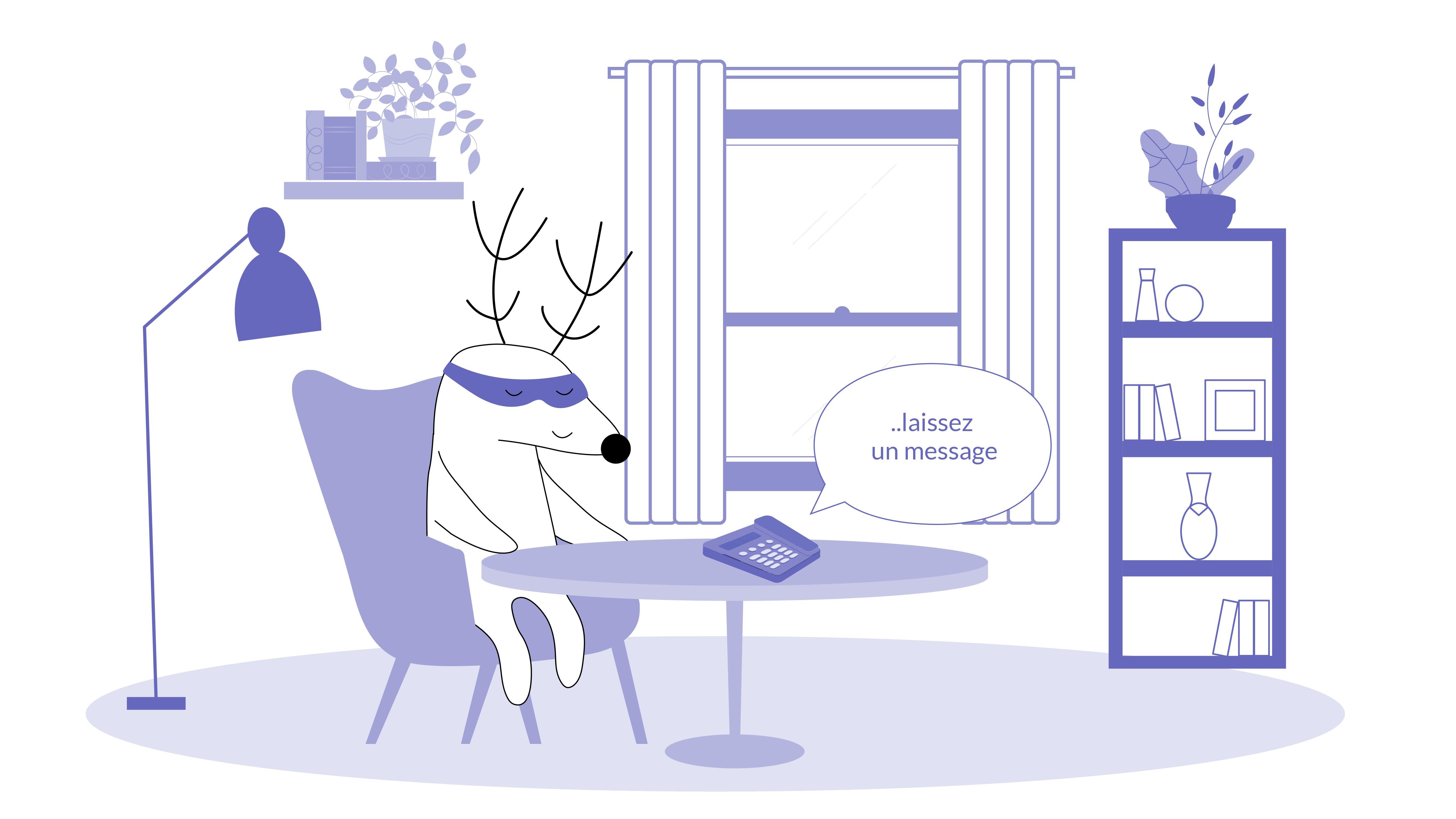 A character listening to a voice message on the phone: “...laissez un message”