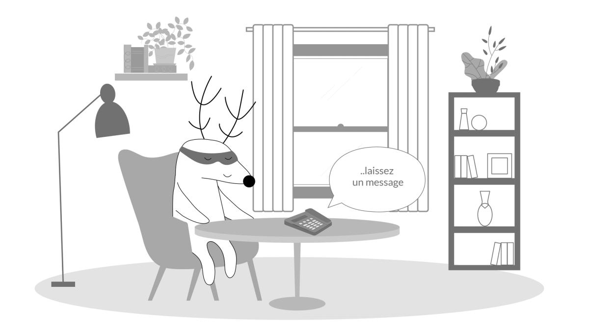 A character listening to a voice message on the phone: “...laissez un message”