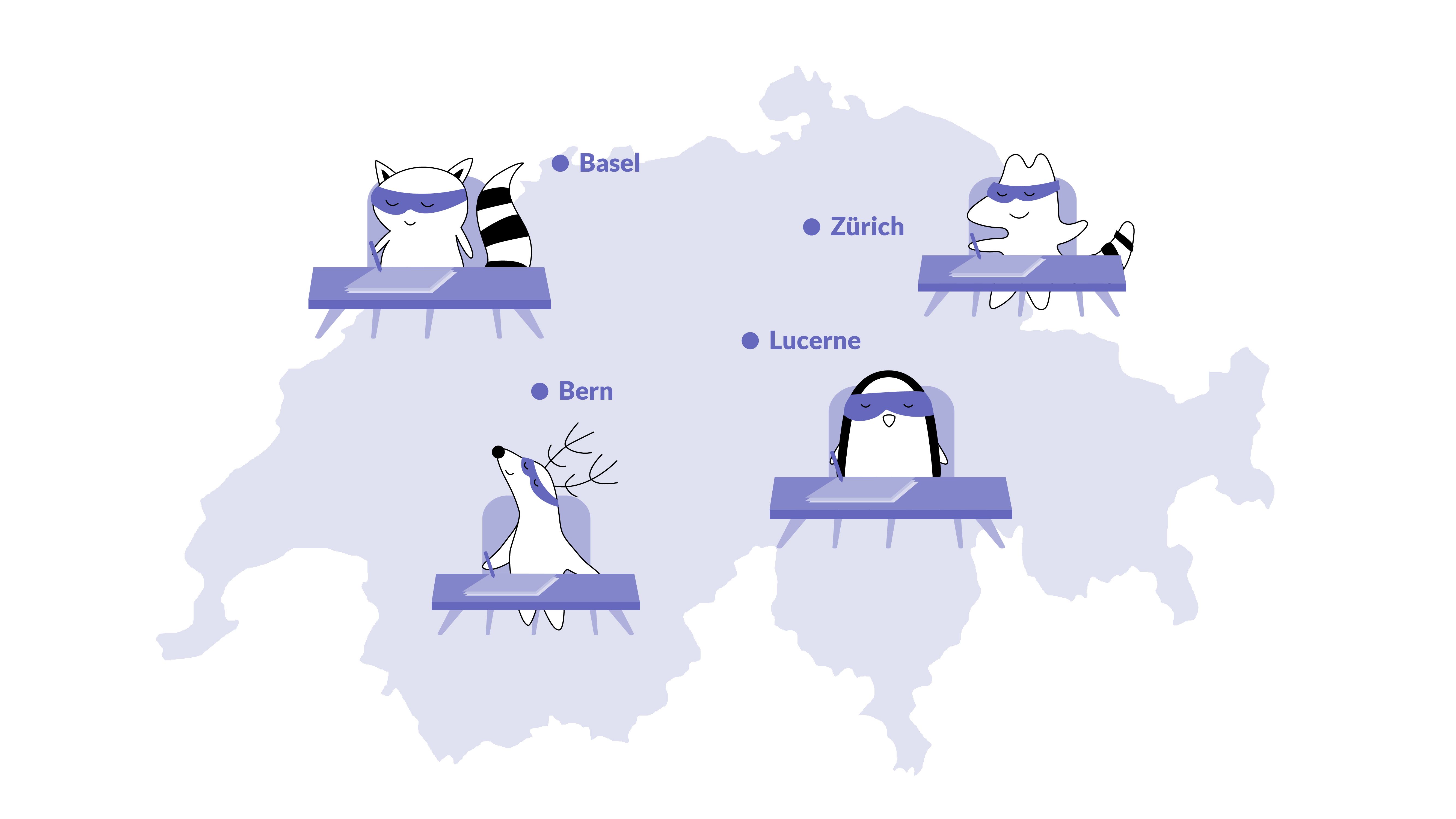 PLACEHOLDER] Iggy, Soren, Pocky, and Benji are placed on the map of Switzerland, taking tests, each in a different city — Zürich, Bern, Basel, and Lucerne.