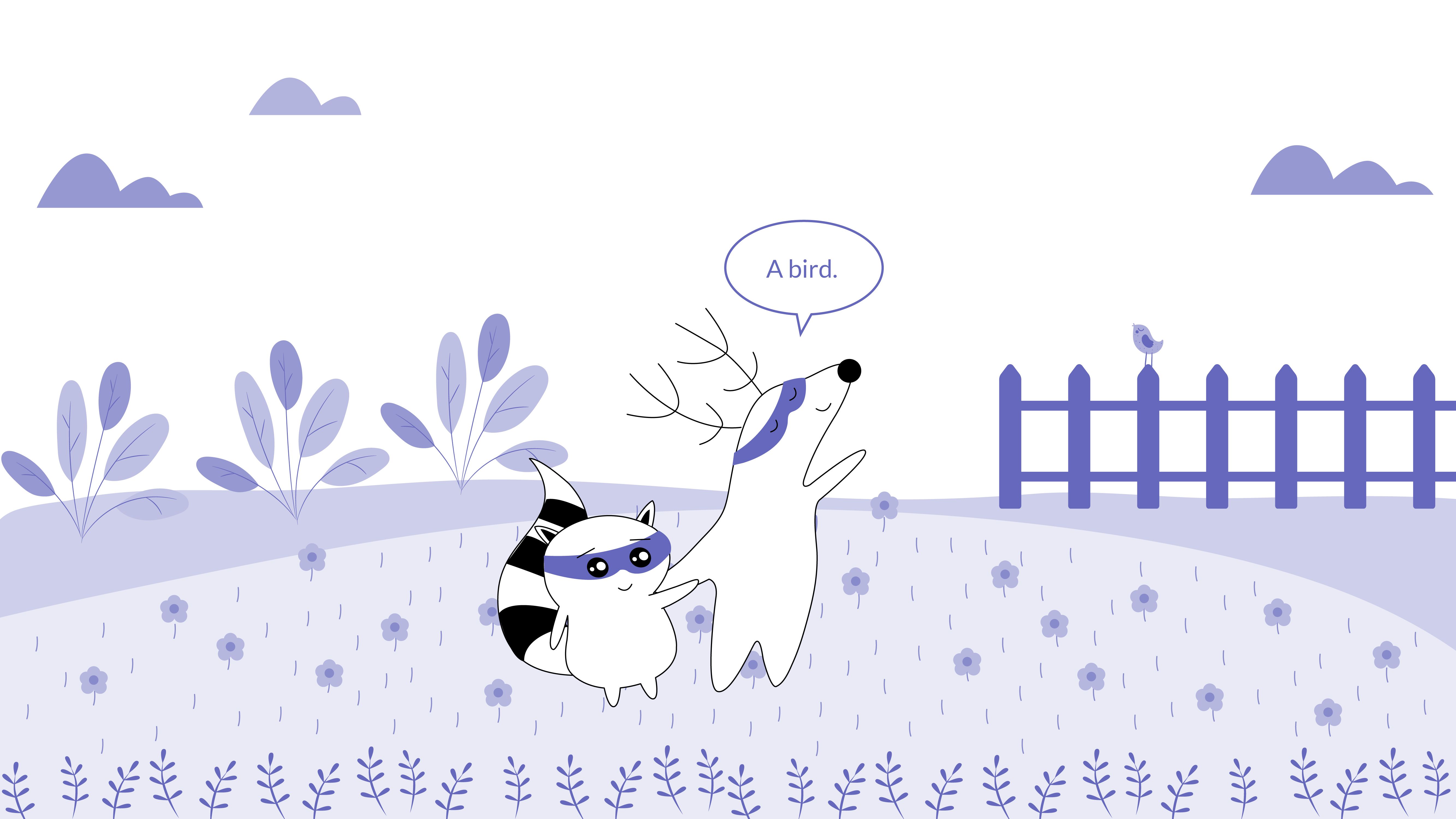 Soren and Benji in the house's garden, pointing at a small bird in the tree.