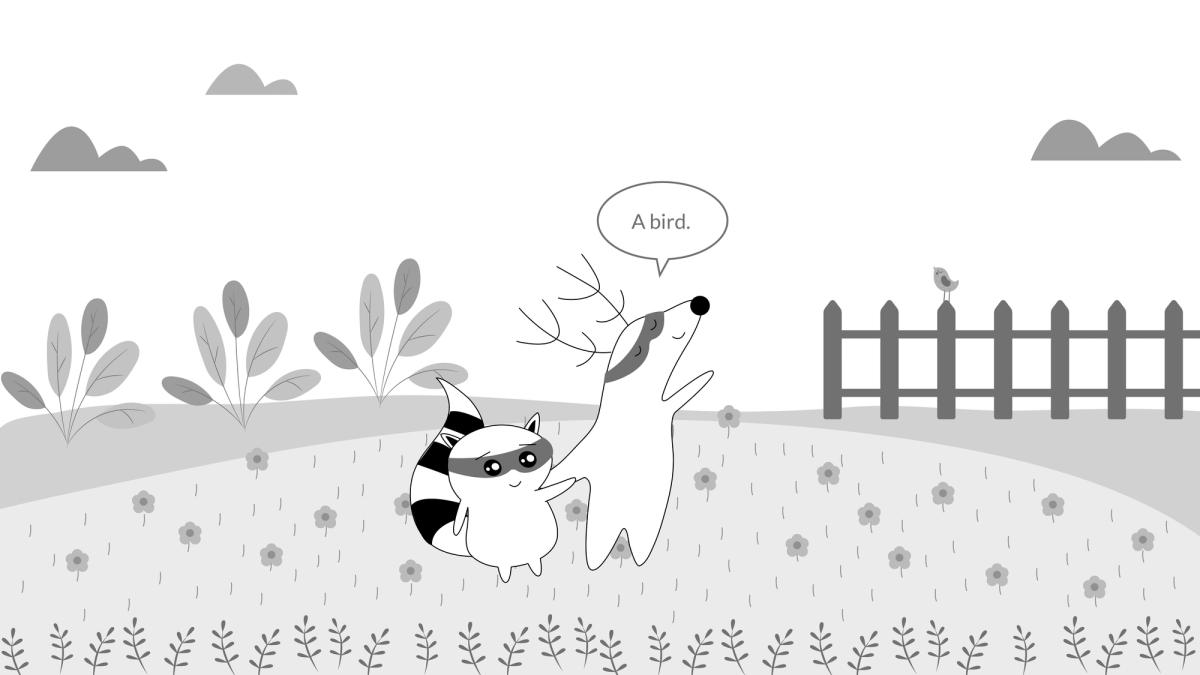 Soren and Benji in the house's garden, pointing at a small bird in the tree.