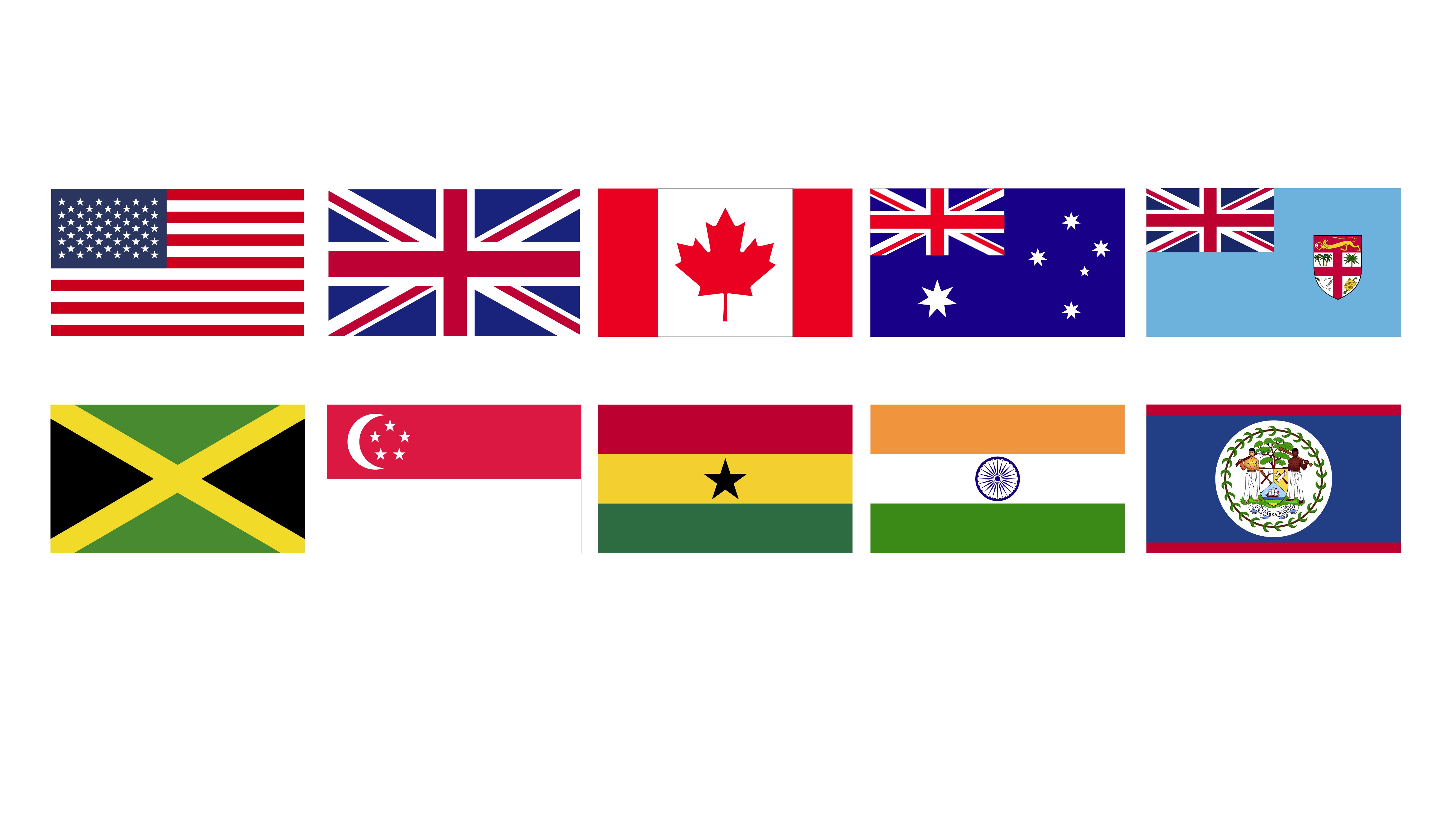 drawings of different flags: USA, UK, Belize, Canada, Fiji, Australia, Ghana, India, Jamaica, Singapore. 