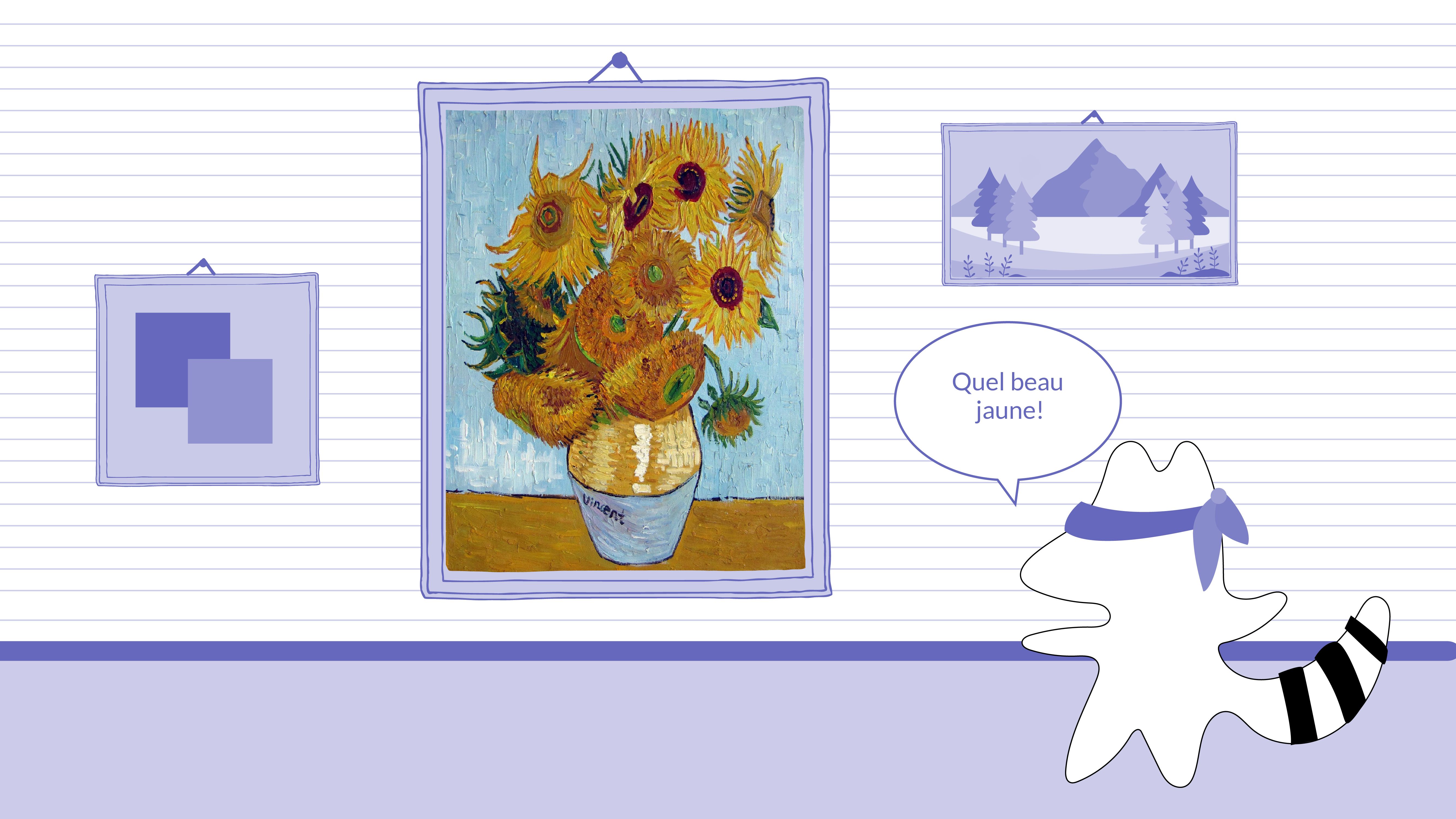 Iggy looks at Van Gogh’s Sunflowers painting, thinking, “Quel beau jaune!”