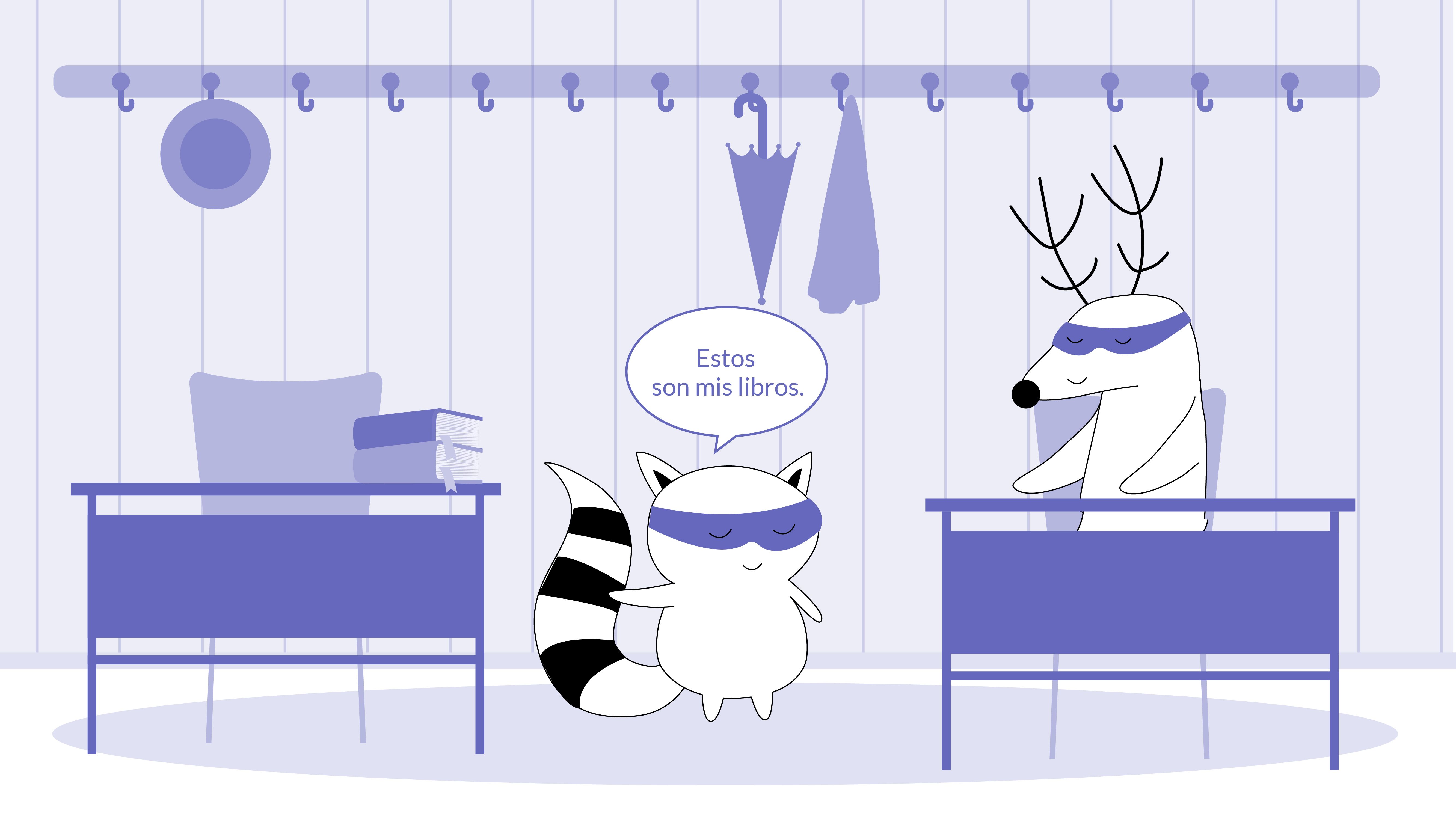 Benji is in the classroom, pointing out at his books and saying,