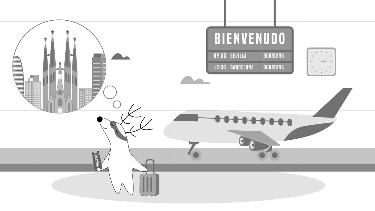 Soren is getting out of the plane in Spain with a small suitcase.