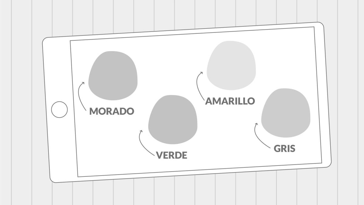  a tablet screen showing different colors (purple = morado, green = verde, yellow = amarillo, grey = gris). 