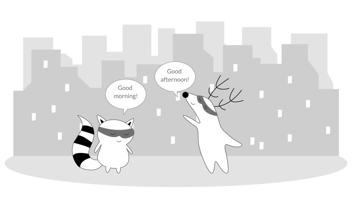 Benji and Soren on the street, one saying “Good morning” and the other saying “Good afternoon!”