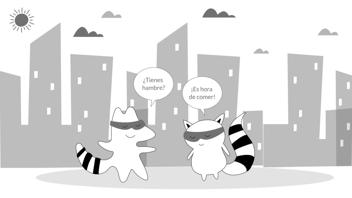 Iggy and Benji going down the street, Iggy says “¿Tienes hambre?” and Benji replies “¡Es hora de comer!”