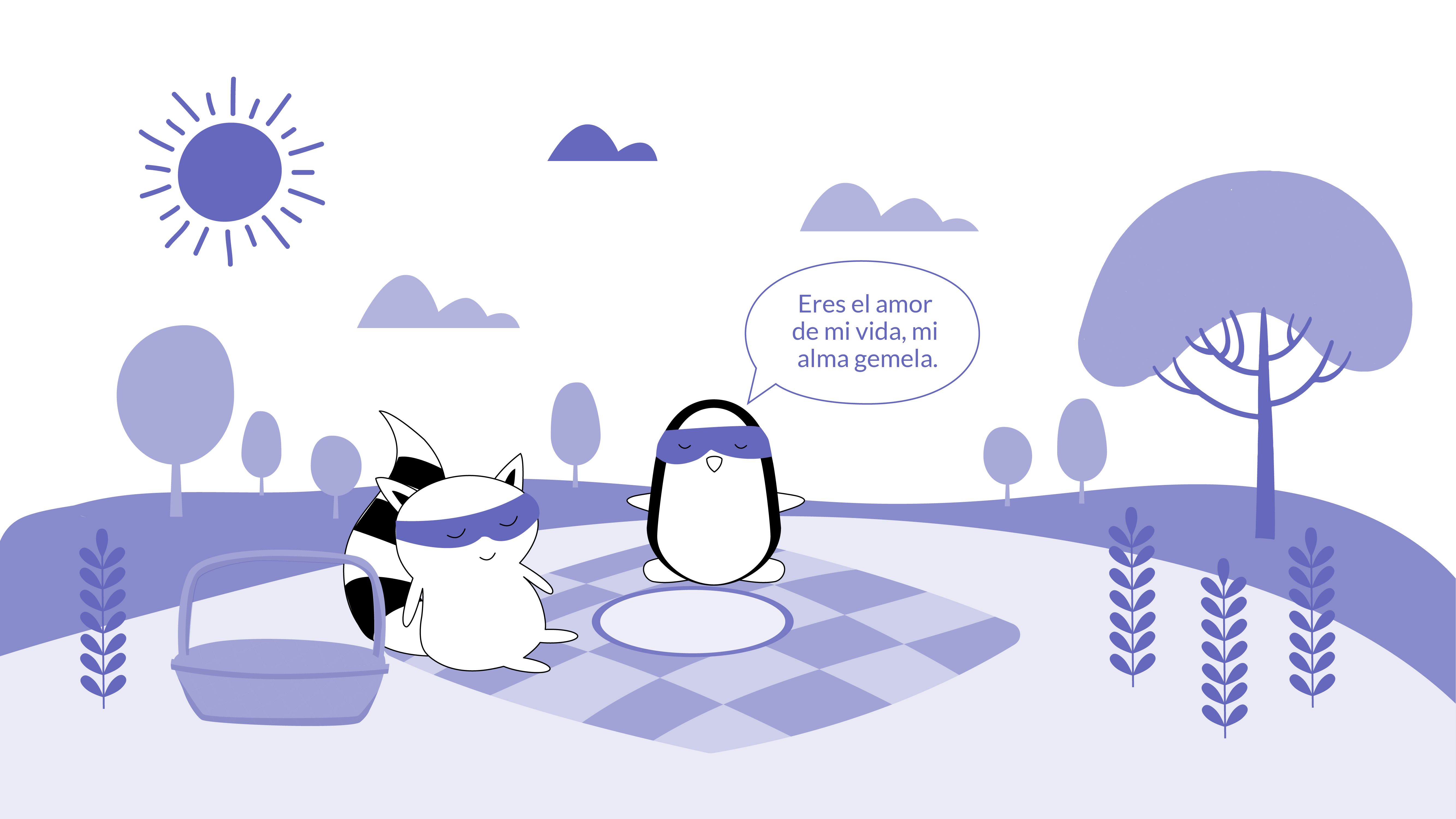 Pocky and Benji are having a picnic in the park. Pocky says, “Eres el amor de mi vida, mi alma gemela.”