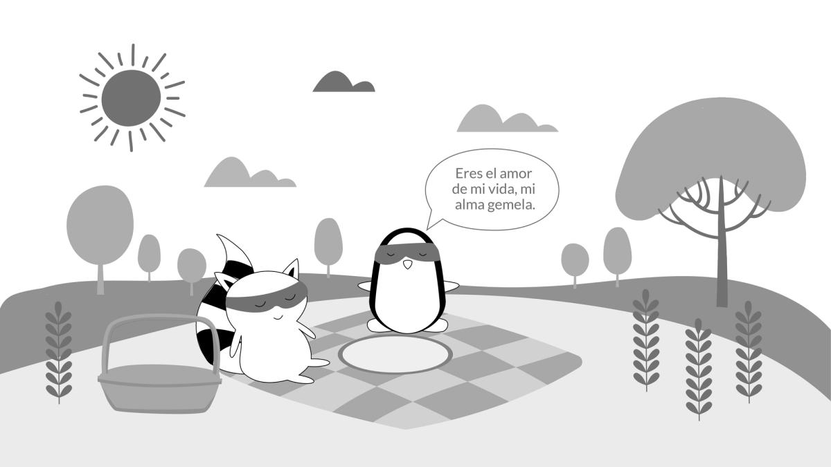Pocky and Benji are having a picnic in the park. Pocky says, “Eres el amor de mi vida, mi alma gemela.”