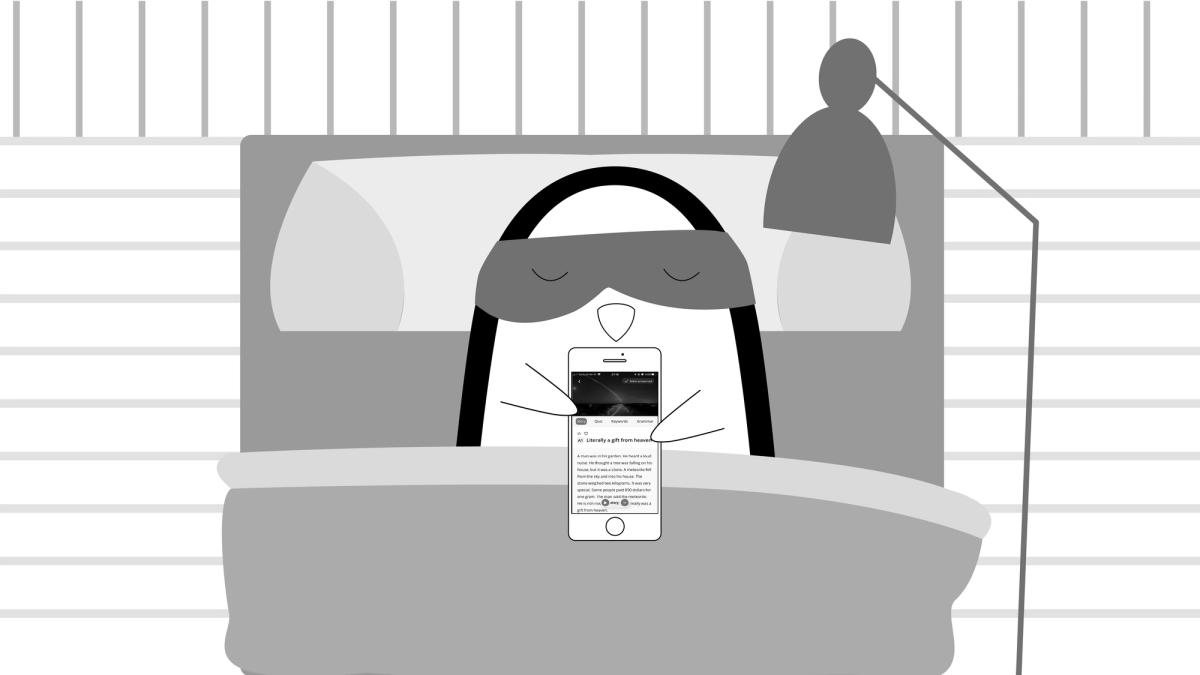  Pocky lying on the bed using Langster to practice English on his smartphone. 
