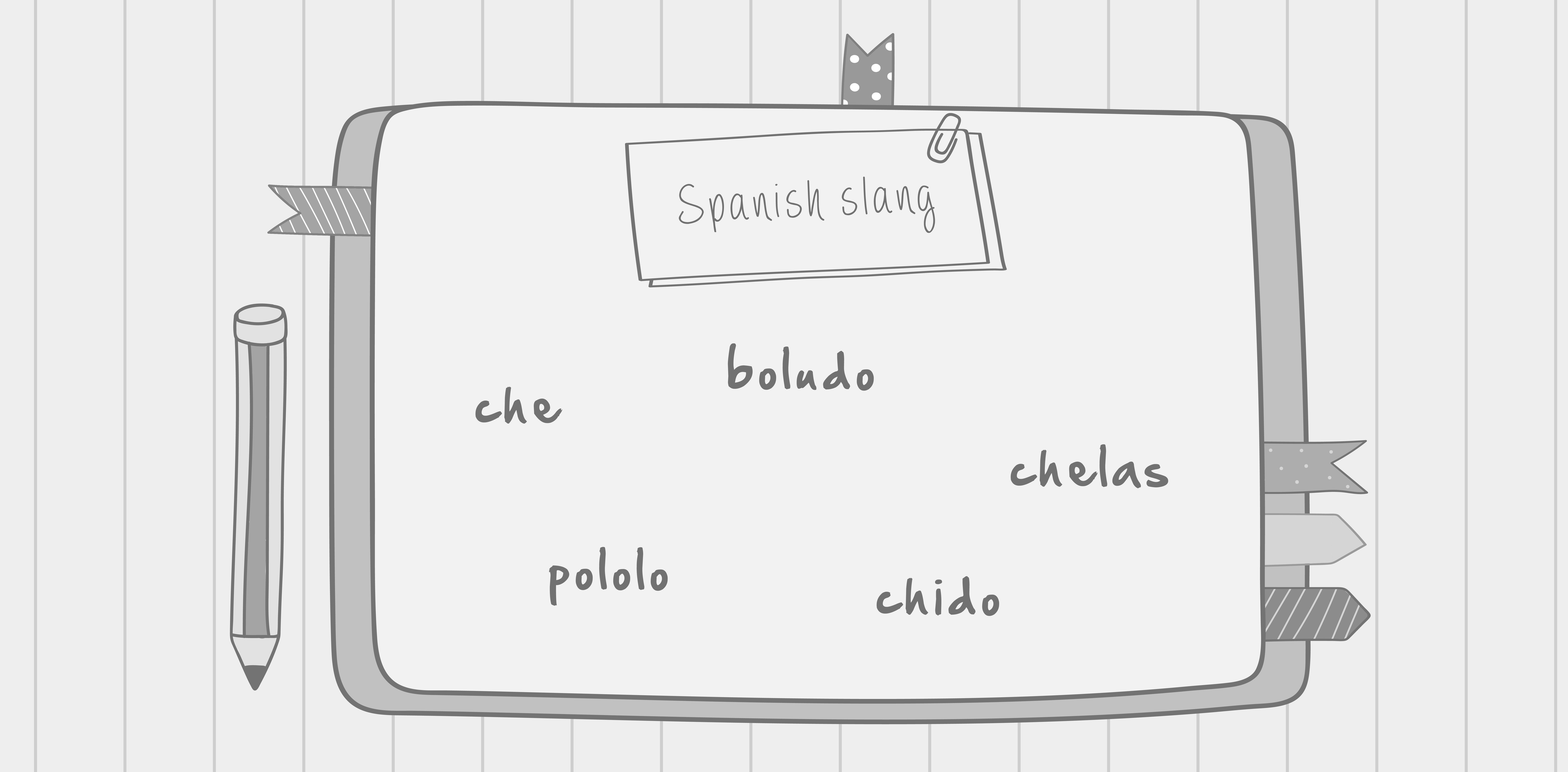A drawing of a notebook page featuring different slang words like "che," "pololo," "boludo," "chido," and "chelas."