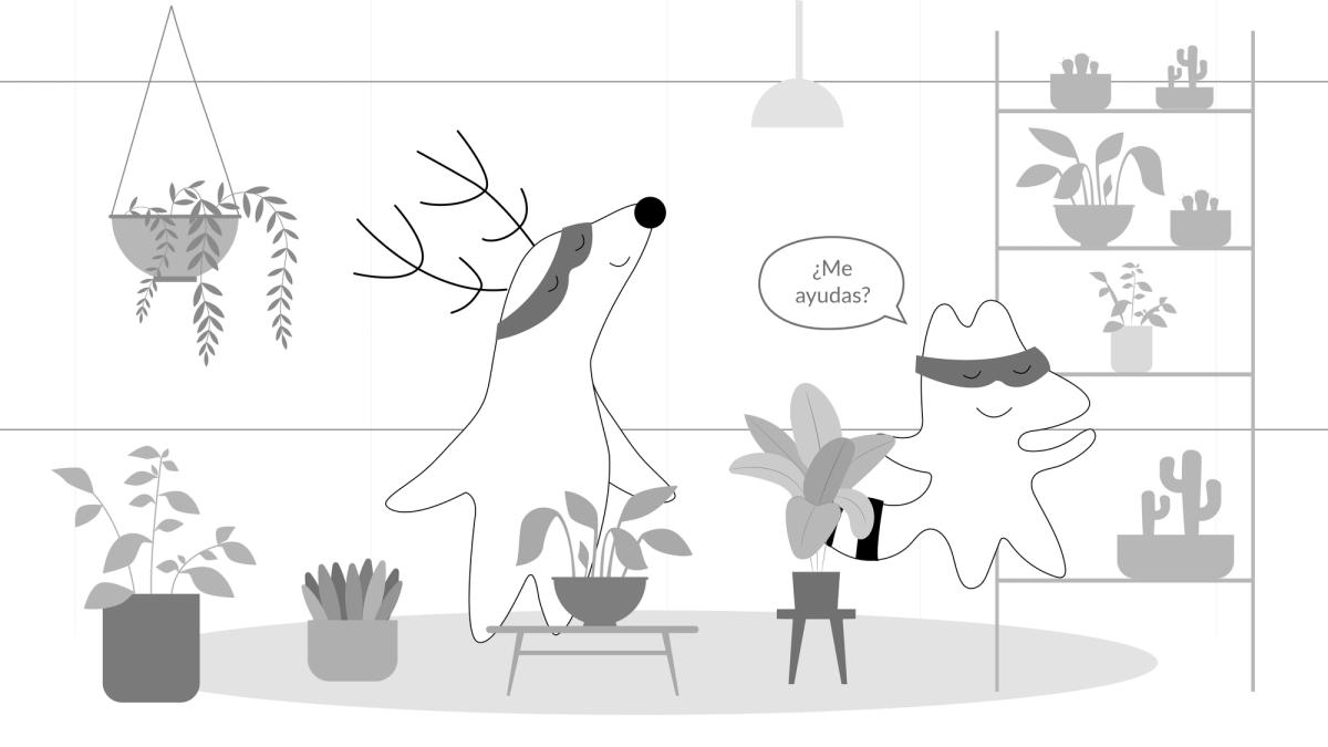  Iggy’s in a plant store, trying to grab a pot from a very high shelf but she cannot reach it. She asks Soren, who’s shopping near her, “¿Me ayudas?”