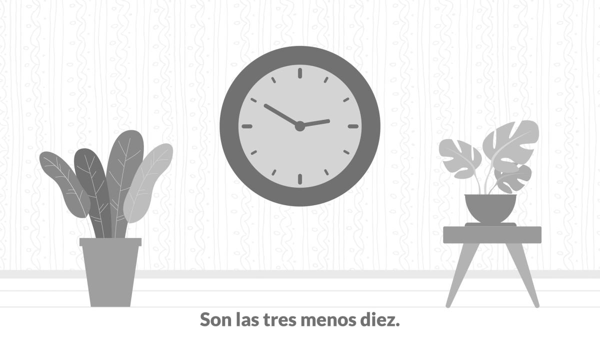 A picture of a clock showing 2:50, spelled out below as "Son las tres menos diez."