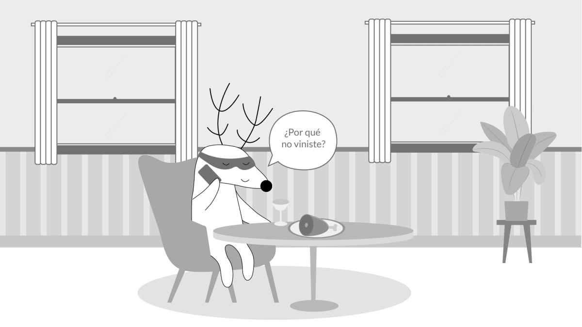 Soren is at the restaurant, eating alone and speaking on the phone, asking, “¿Por qué no viniste?”