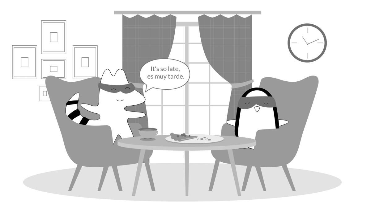 Iggy and Pocky at the restaurant, Iggy points at the clock and says "It's so late, es muy tarde."