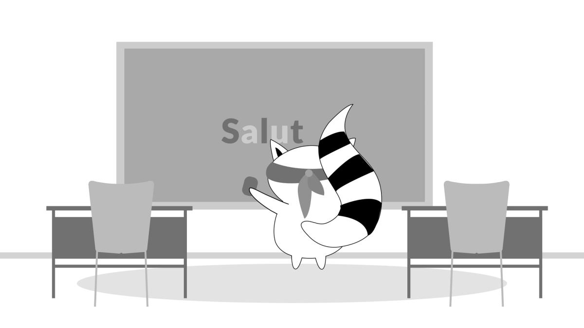 Benji standing at a chalkboard with "salut" written on it. the a and u are being erased.