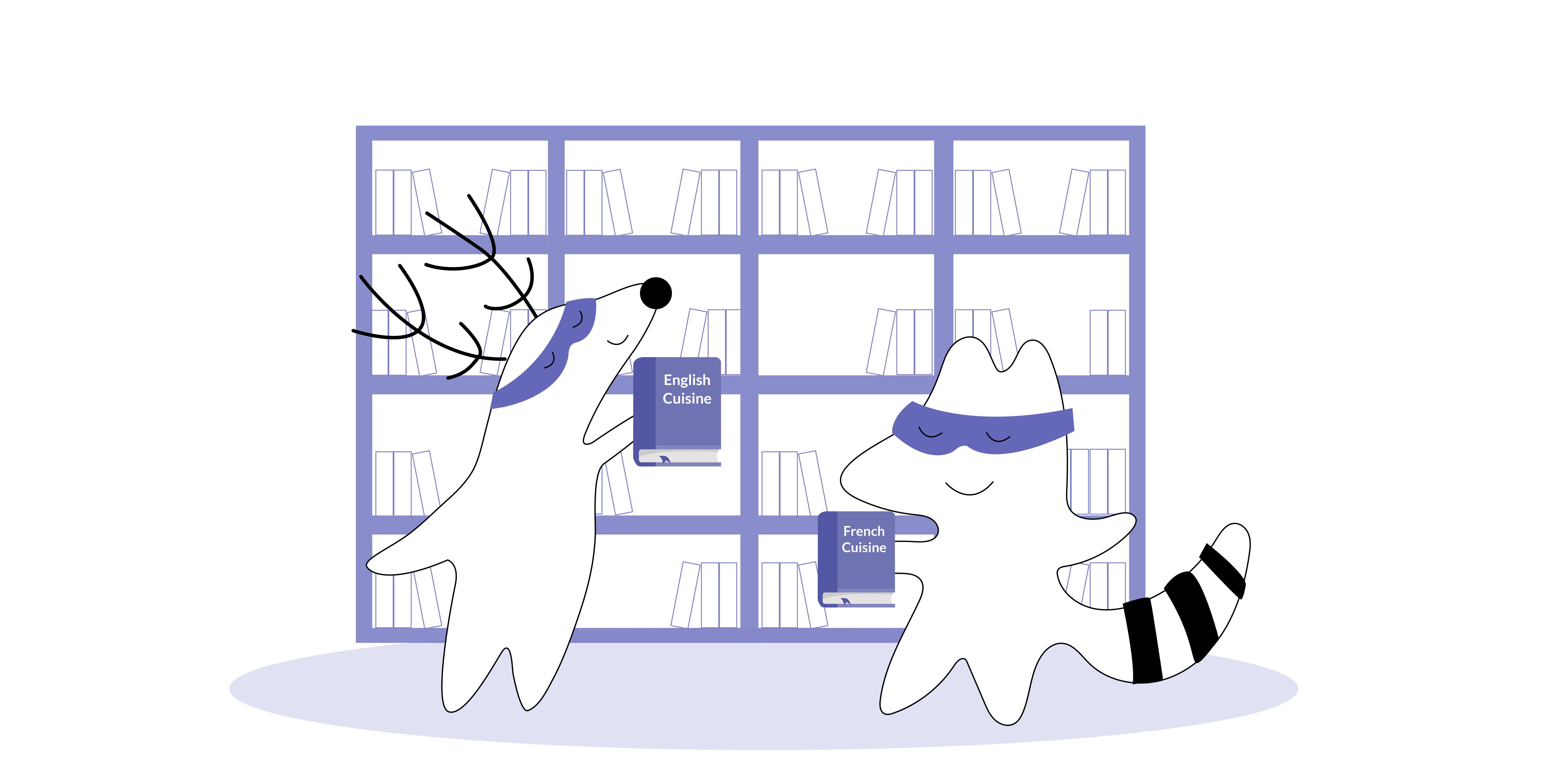 Iggy stands in front of a bookshelf, choosing between books entitled English Cuisine and French Cuisine.