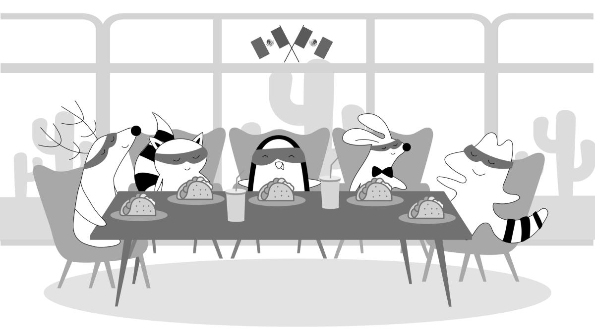 Soren, Benji, Iggy, and Pocky are at a party, and all of them are eating tacos.