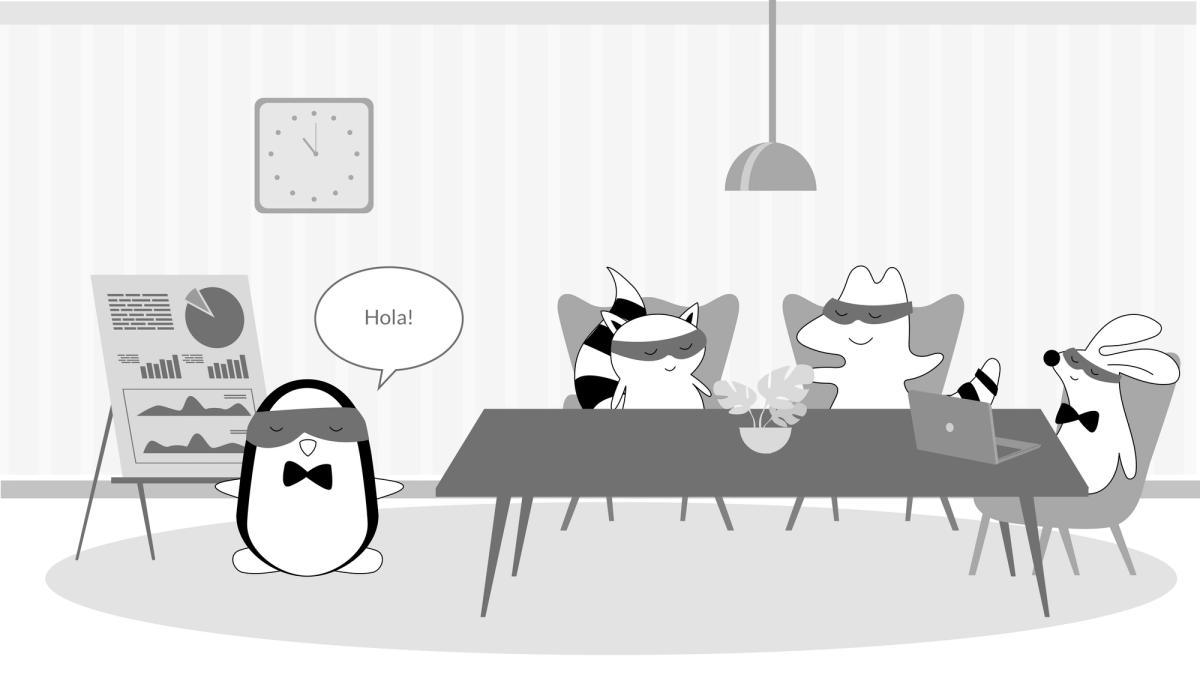 Pocky at his office, saying "Hola" to her co-workers.