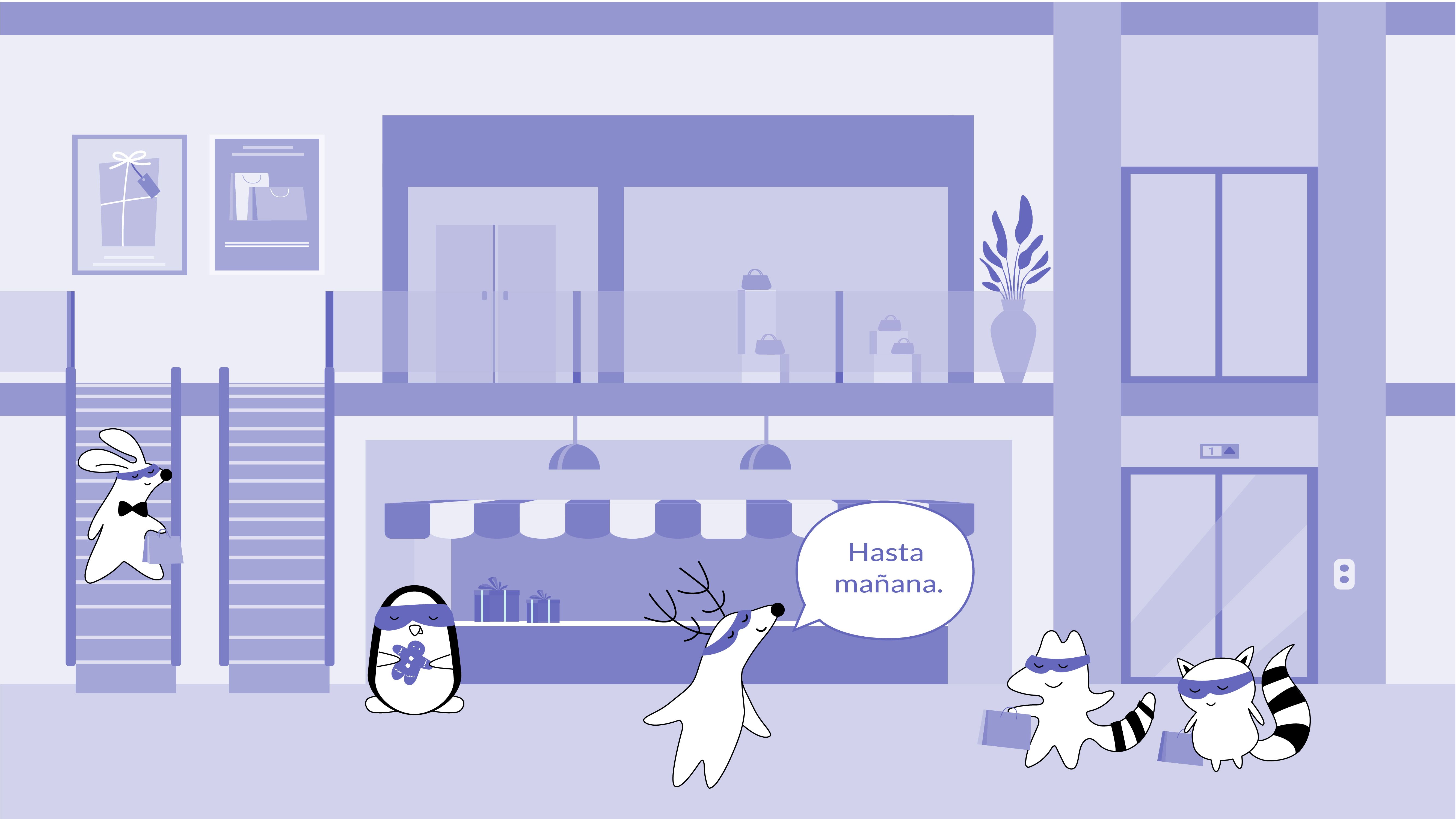 Soren says goodbye to his friends, all of them outside the shopping mall, saying “Hasta mañana.”